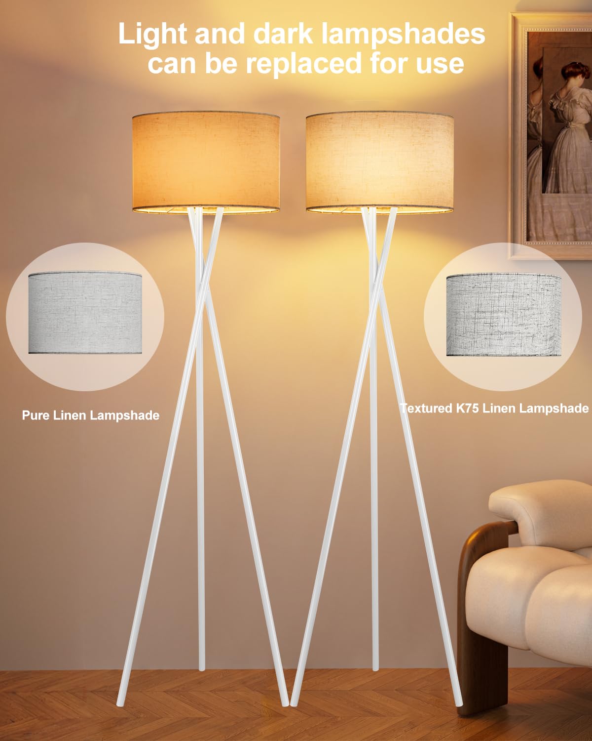 Lightdot White Tripod Floor Lamp, Modern Floor Lamp For Living Room, Standing Lamp With Linen Shade, E26 Bulb Included, 66'' Tal