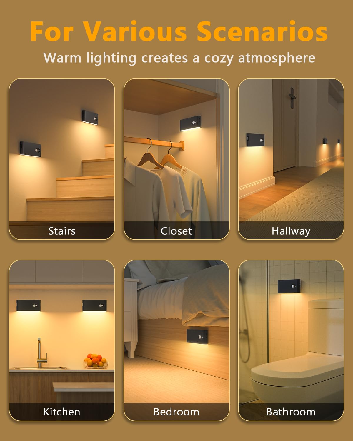 WILLED Wireless Motion Sensor Stair Lights, Rechargeable 8-Pack, Black, Model WCA-040 for Indoor Use in Hallway, Kitchen, Bedroom