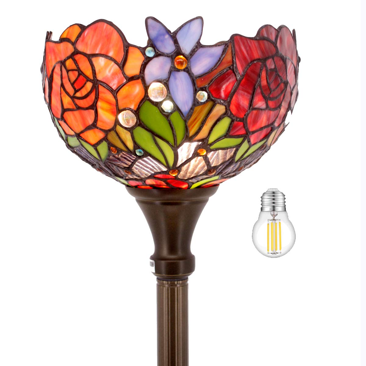 WERFACTORY Tiffany Floor Lamp Red Rose Flower Stained Glass Light 10X10X71 Inches Pole Torchiere Standing Corner Torch Uplight D