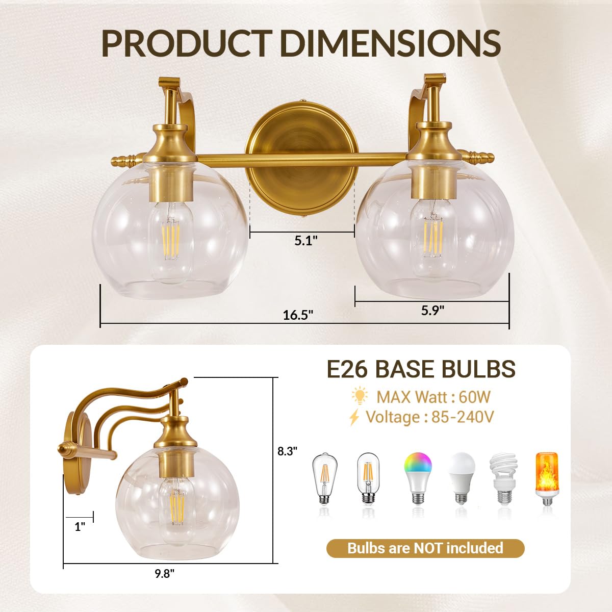 ANDY STAR 2-Light Brass Vanity Light Fixtures, Gold Metal Sconces with Globe Clear Lampshade, Farmhouse Bathroom Lighting, Model Parent-M10-SCONCE-3C