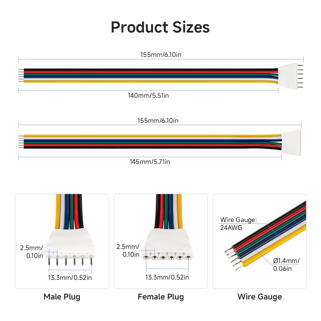 Btf-Lighting 10 Pairs 15Cm 6Pin Jst Sm Male/Female 24Awg Wire Cable Connector Plug For Flexible 5050 Rgbww Rgbcct Smd Fcob Led S