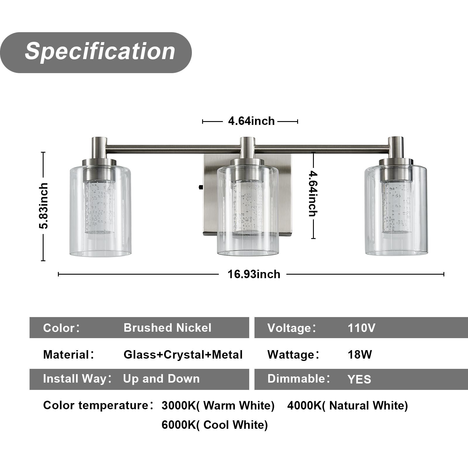 Myhaptim Bathroom Vanity Light Brushed Nickel 3 Light Bathroom Light Fixture, Clear Glass Shade, Crystal Bubble, Dimmable Led Va