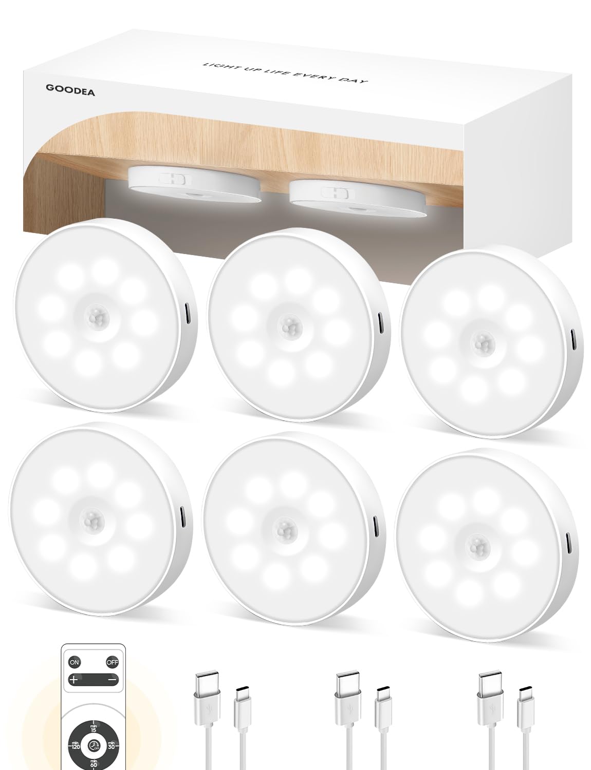 Goodea Led Under Cabinet Lights, Motion Sensor Rechargeable Light, 1000mAh Puck Lights with IR Remote, Under Counter Lights for 