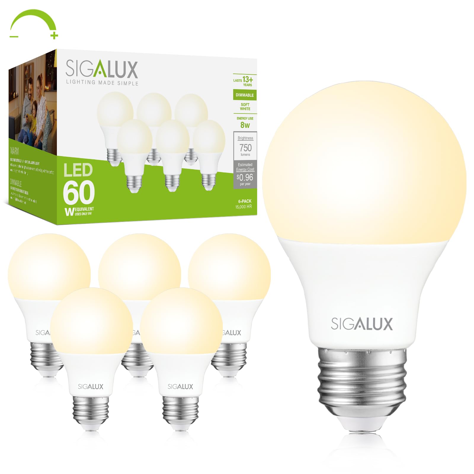 Sigalux Ecobright, T20 Compliant Led Light Bulbs 60 Watt A19 Standard Light Bulbs Soft White, Dimmable Efficient 8W 2700K Warm L