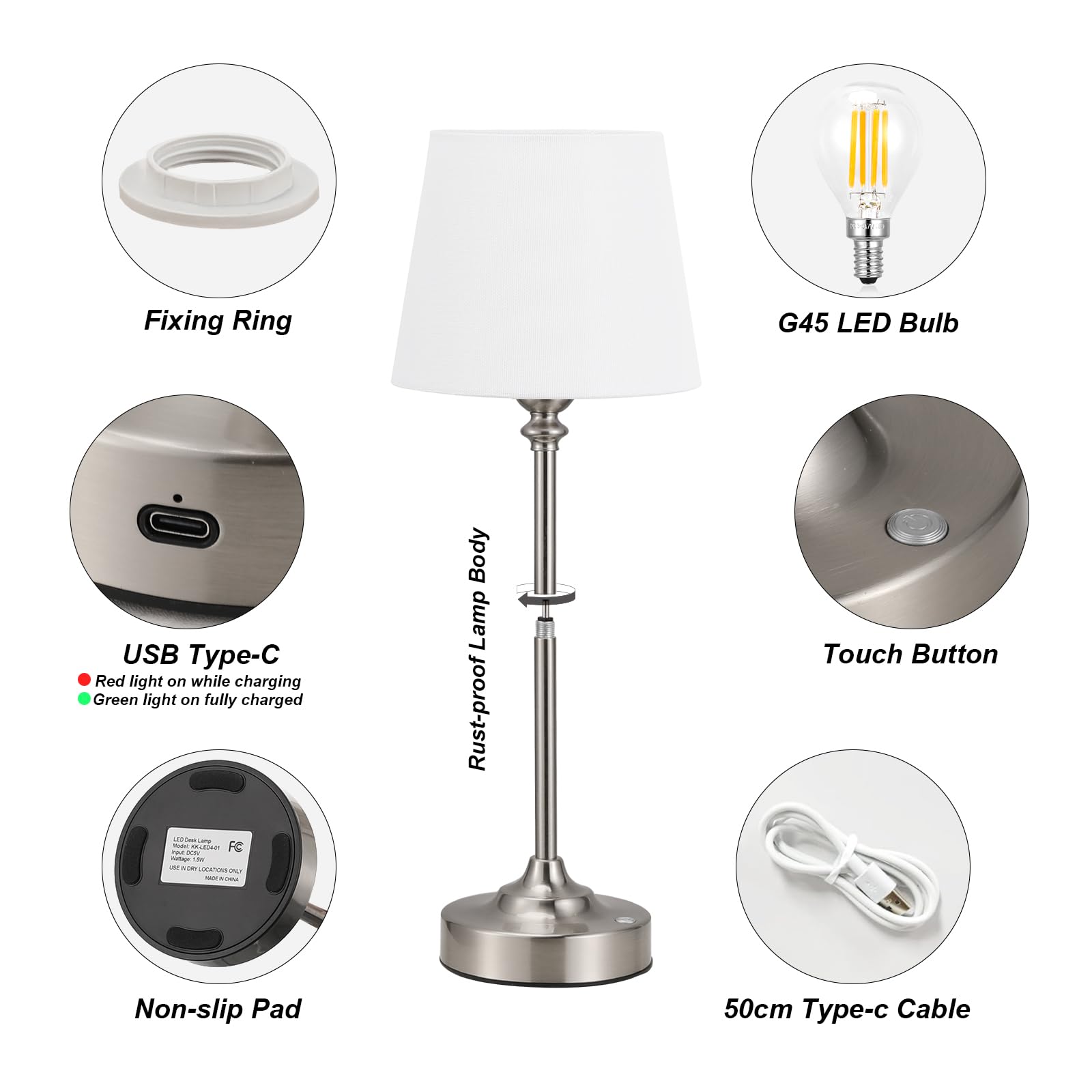 Kakanuo Cordless Table Lamp Rechargeable Silver - 1 Pack 4000Mah Battery Operated Lamp For Decor, 3000K Stepless Dimming Touch C