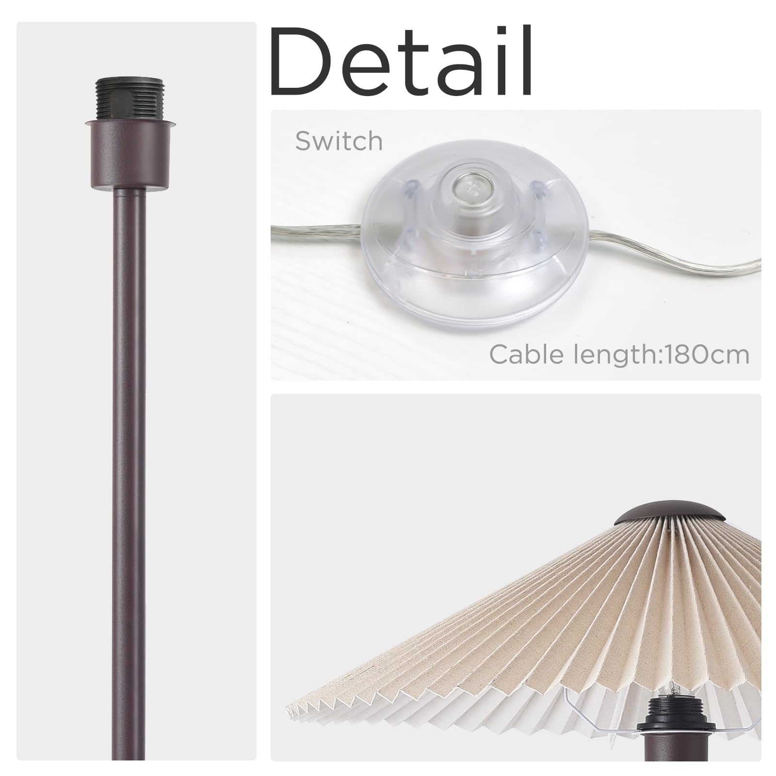 KUNJOULAM Pleated Floor Lamp, Metal Standing Lamp with Fabric Shade, Brown, Model FL001 for Living Room, Bedroom, Office