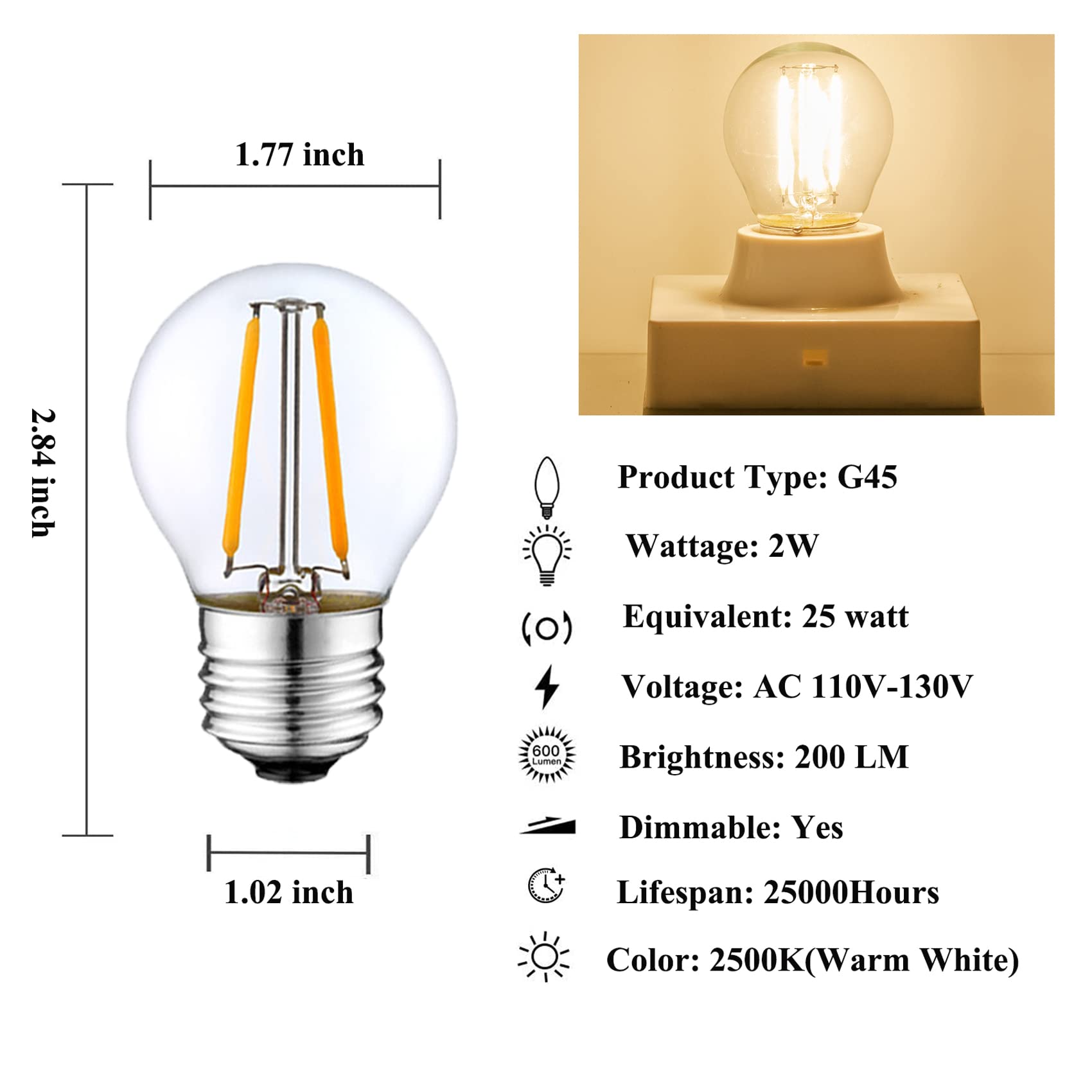 Beonllay Dimmable 2W Led Globe Bulb 25Watt Equivalent E26 Light Bulb Warm White 2500K Led Edison Bulb, Vintage Filament Edison D