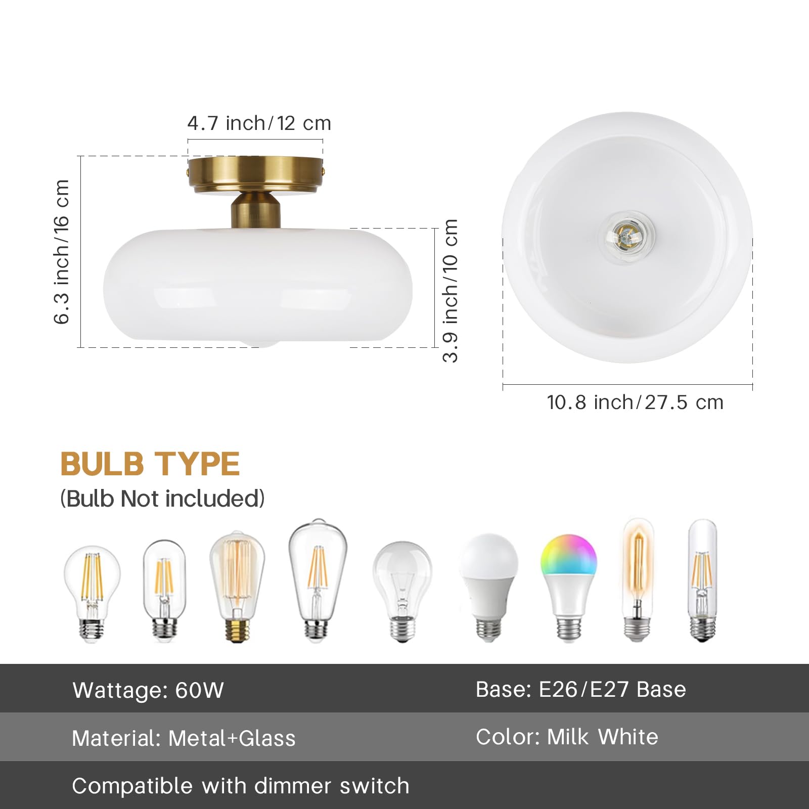 Clarsyne Semi Flush Mount Ceiling Light Fixture, 11'' Vintage Mid-Century Gold With White Milk Glass Shade, Modern Farmhouse Lig