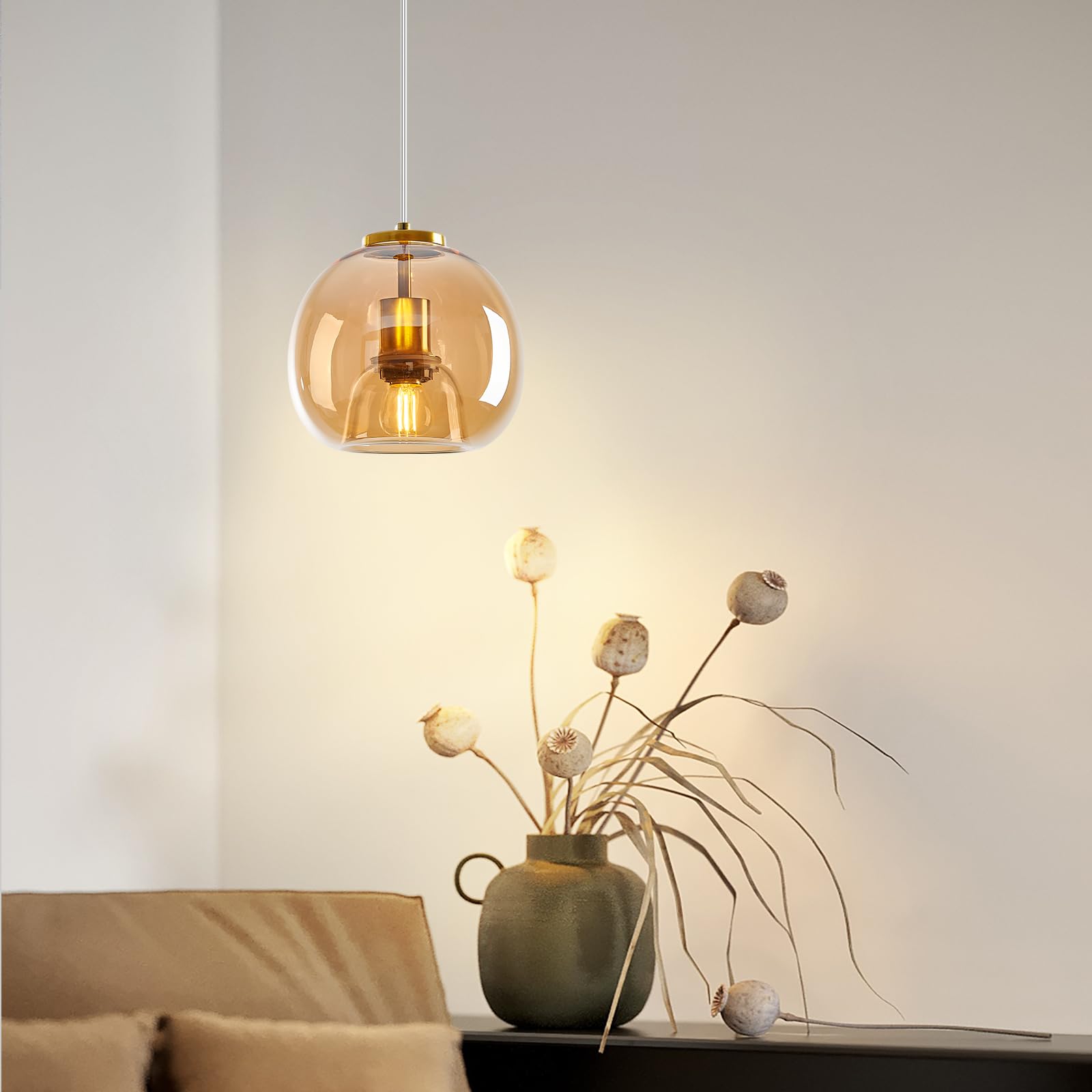 Lbsqj Amber Glass Pendant Lights Kitchen Island Gold Hanging Light Fixture Glass Globe Pendant Light Modern Pendant Lighting For Kitchen Island Bedroom Dining Room (7.87  3 Pack)