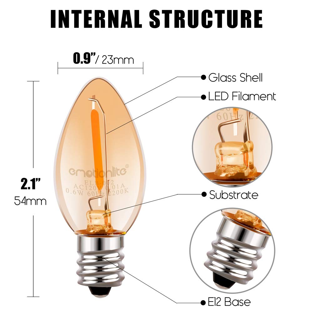 Emotionlite Night Light Bulbs, Amber Led C7 Bulb, 4W 5W 6W 7W Equivalent, E12 Candelabra Base, Salt Lamp And Nightlight Replacement Bulb, 0.5W, Amber Yellowish 2200K, 50Lm, Amber, 30 Pack