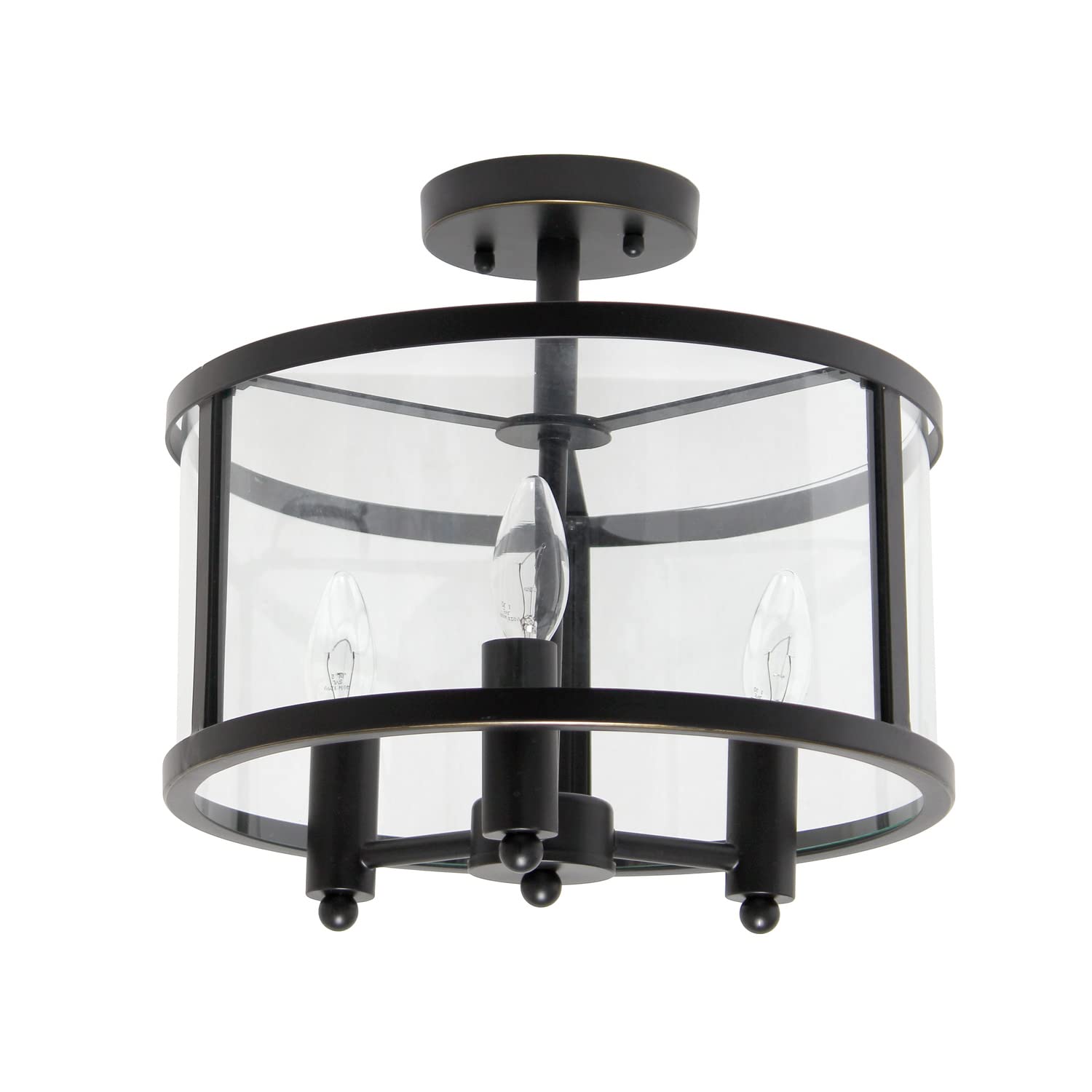 Elegant Designs FM1005-BLK Medium 13 Iron and Glass Shade Traditional Farmhouse Industrial 3-Light Ceiling Mounted Round Semi-fl