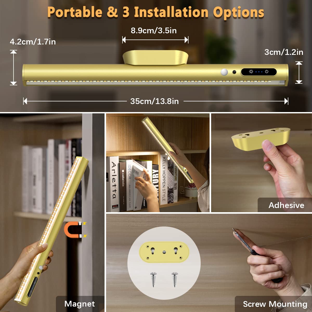 bravzurg Battery Powered Wall Strip Lights, Motion Sensor LED Light Bar, Rechargeable, Magnetic, Gold, Model YZYP350-GD03