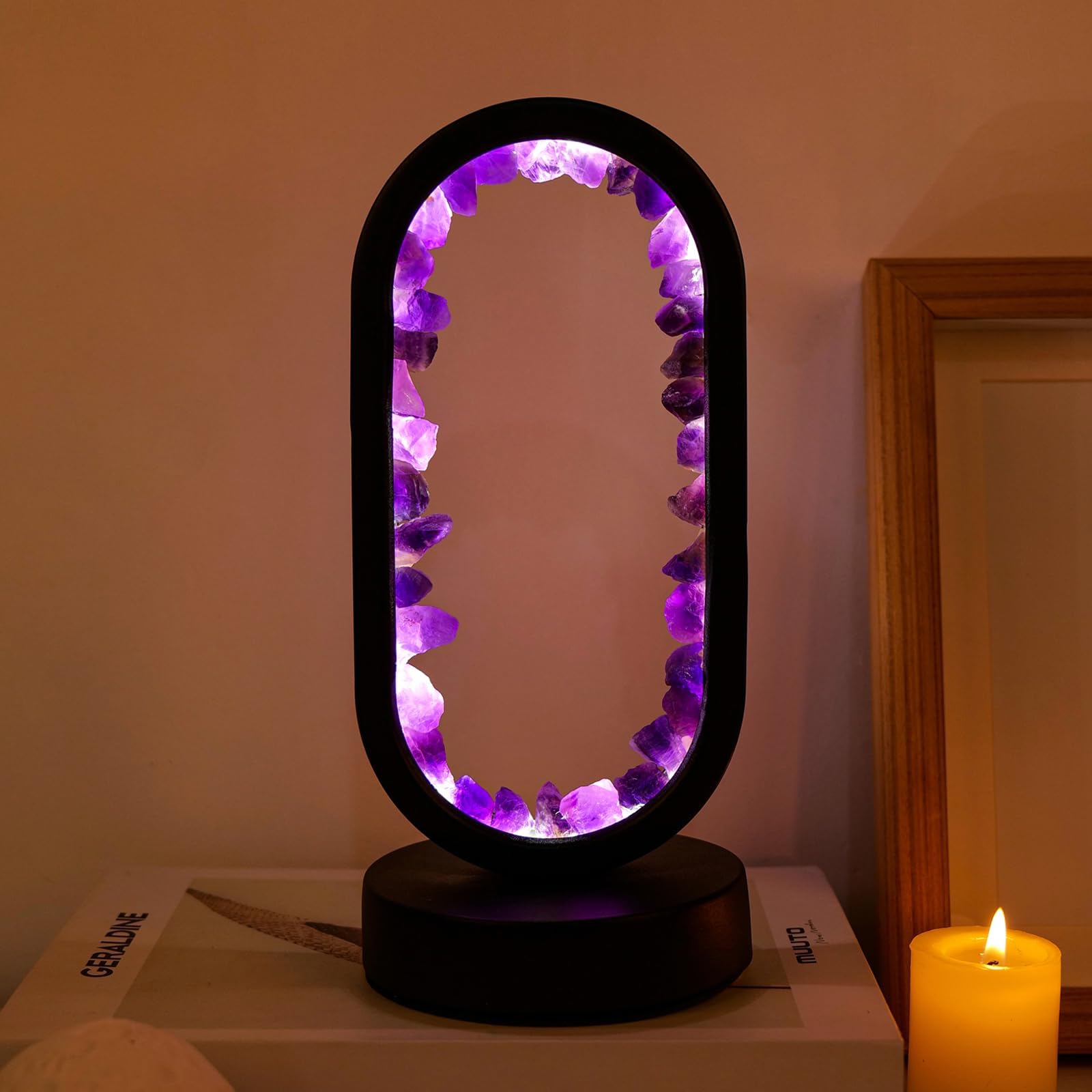 Runyangshi Crystal Lamp Amethyst Raw Stone Ellipse Night Lamp Natural Healing Crystal Night Light Table Lamp Base USB Port 3 Col