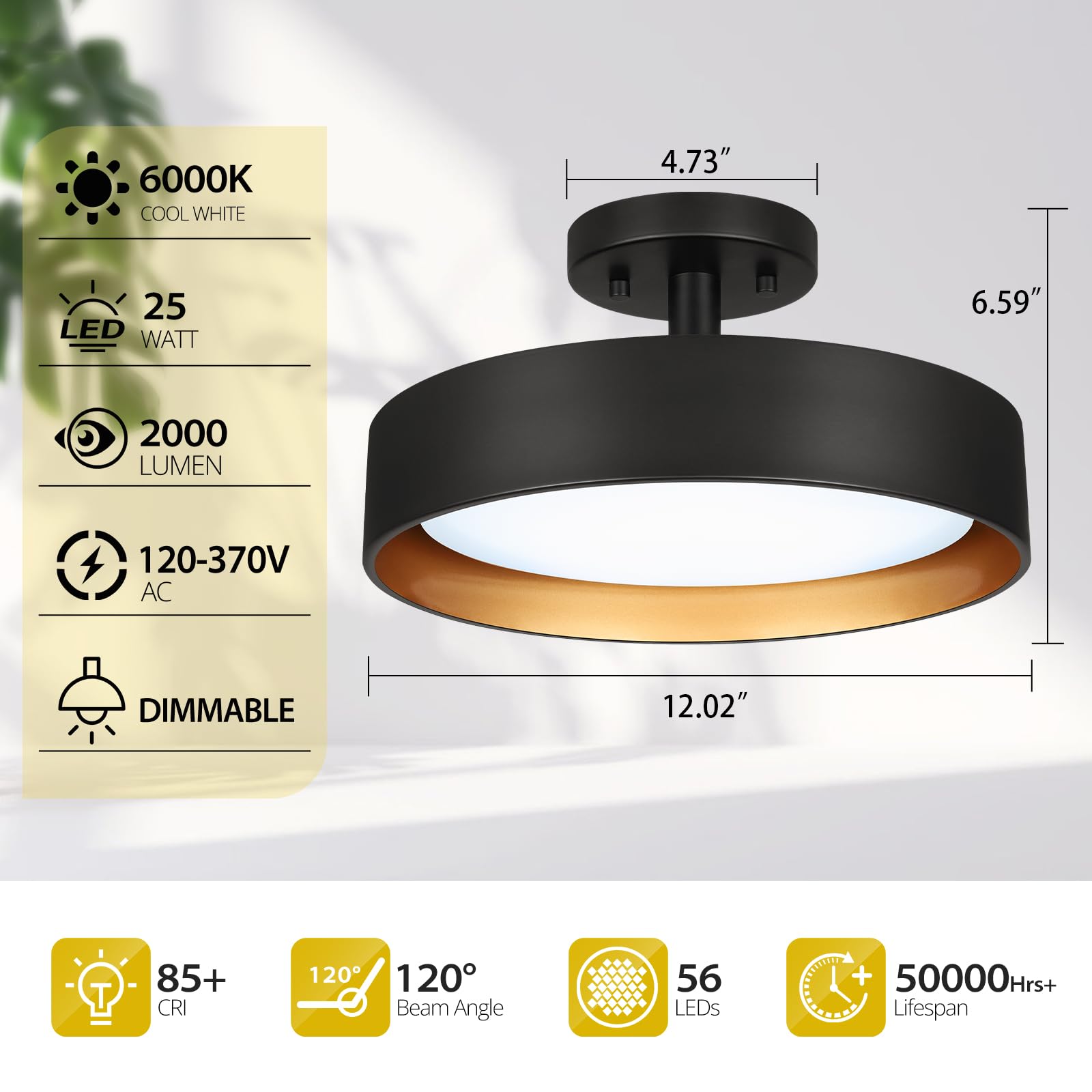 Sunrider Industrial Semi Flush Mount Led Ceiling Light Fixture, 12 Inch 25W 2000Lm Black Metal Bedroom Lamp, Golden Inside, 6000