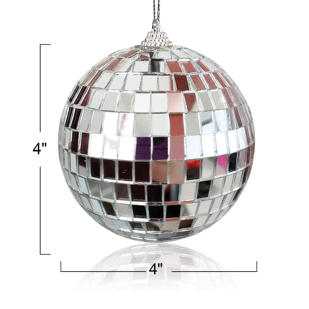 Artcreativity 4 Inch Mirror Disco Ball, Set Of 2, Silver Disco Balls With Hanging String For Parties, Birthdays, & Weddings, 90’S Disco Party Decorations & Supplies, Ceiling Décor Disco Accessories