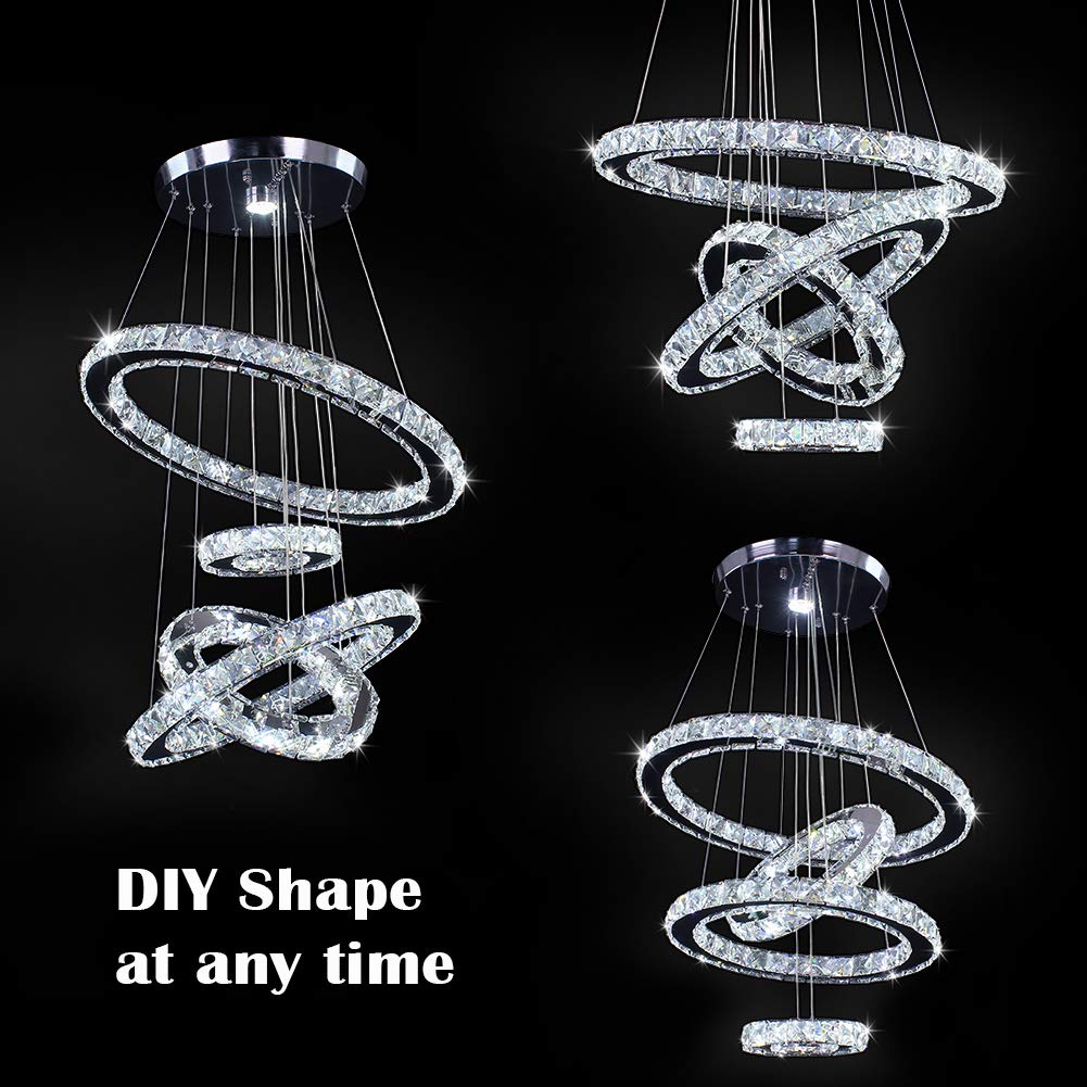 Led Chandeliers, Modern Crystal Chandelier Dining Room Living Room Led Ceiling Pendant Light 4 Rings Adjustable Stainless Steel