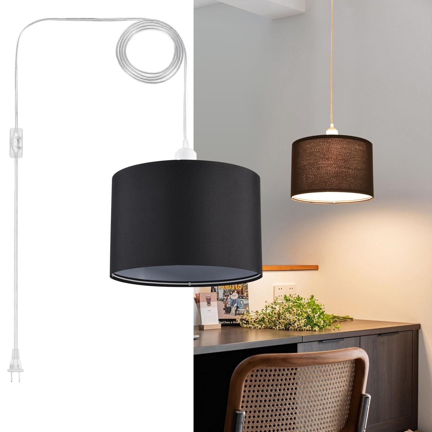 Ihengyanlt 2 Pack Plug In Pendant Light, Hanging Light With 15Ft Clear Cord, On/Off Switch, Black Fabric Lamp Shade, Hanging Lig