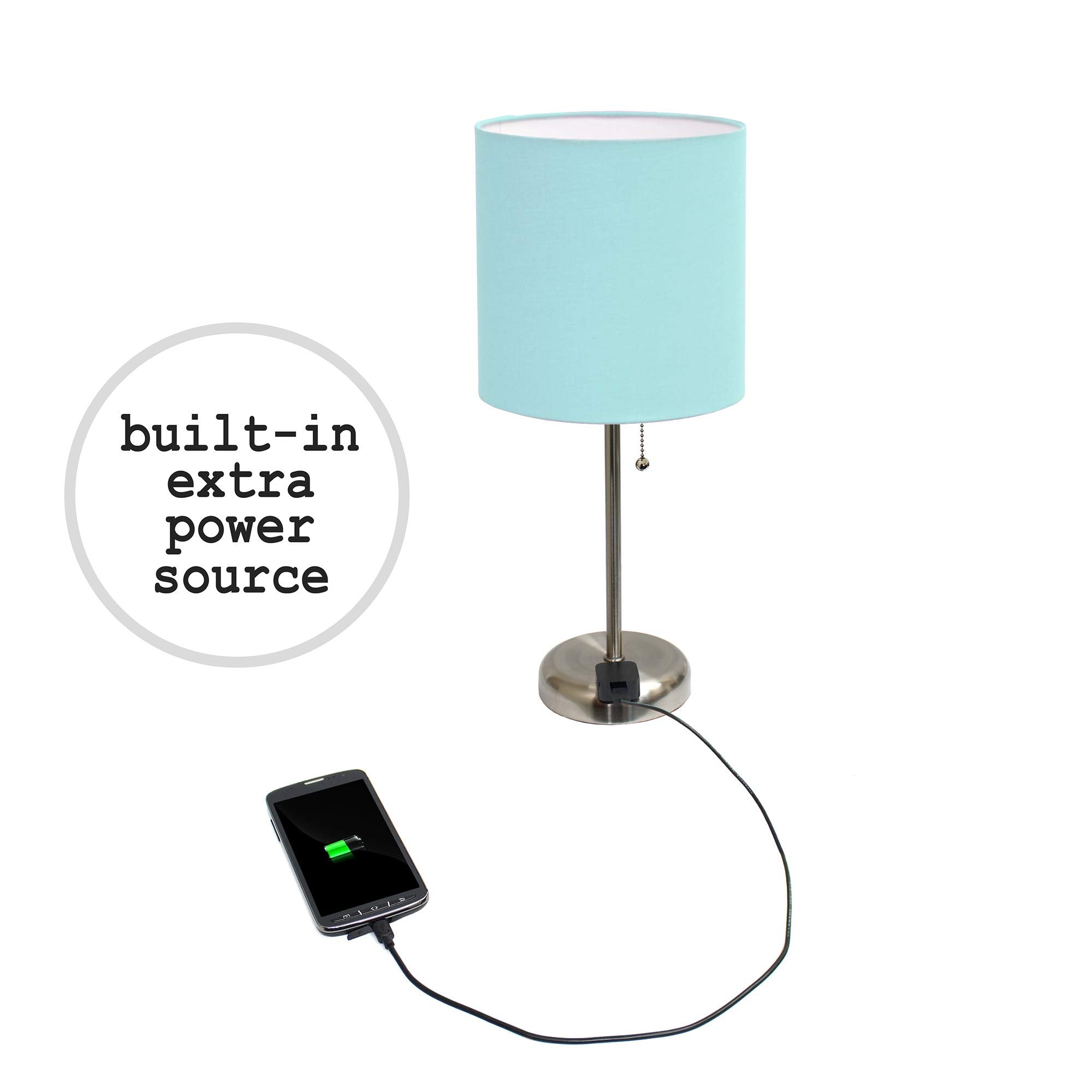 Simple Designs Lt2024-Aqu Brushed Steel Stick Table Desk Lamp With Charging Outlet And Drum Fabric Shade, Aqua