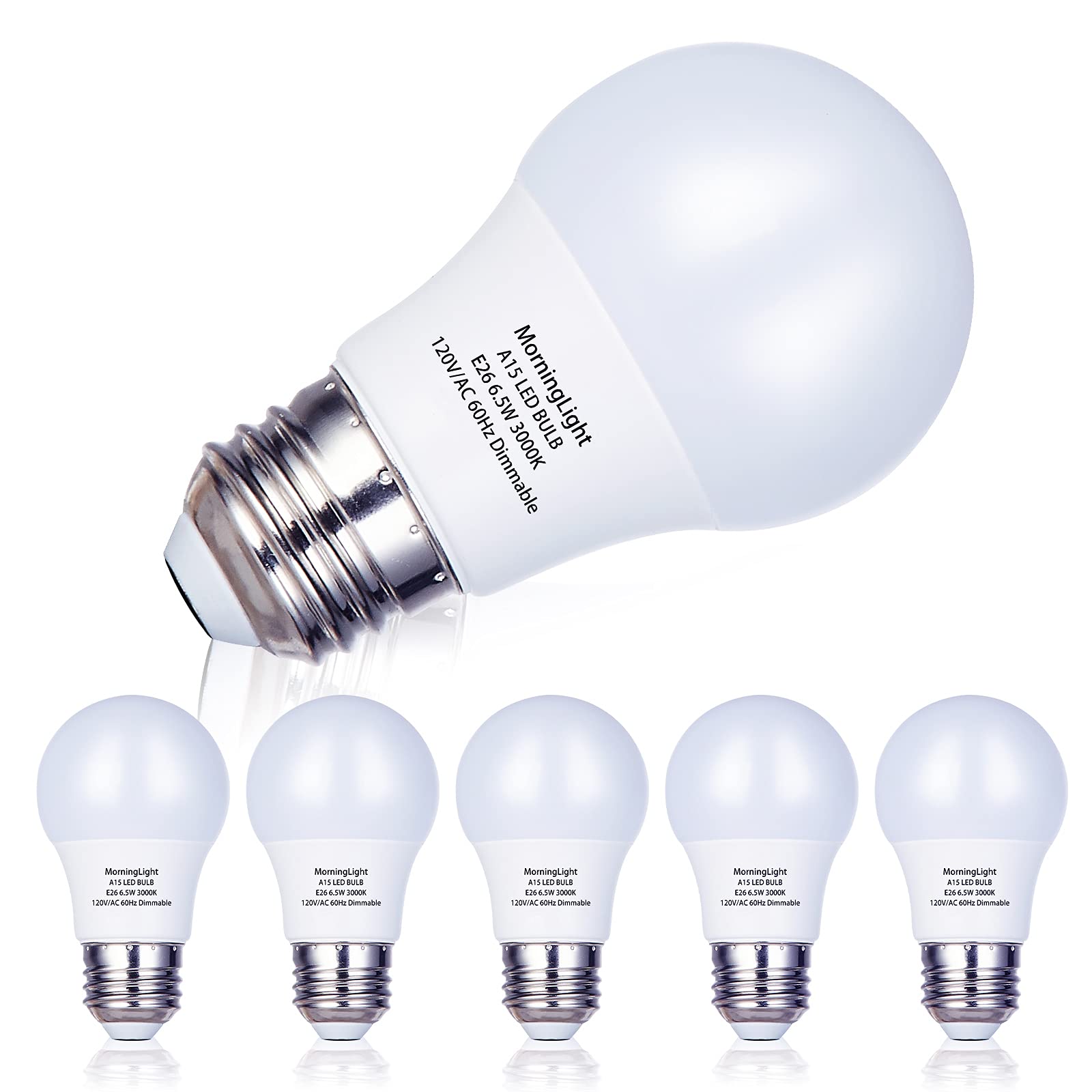 Morninglight 6 Pack A15 Led Bulb, 6.5W Dimmable Led Light Bulb Equal 60 Watt Incandescent Bulbs, 3000K Soft White, E26 Base, A15