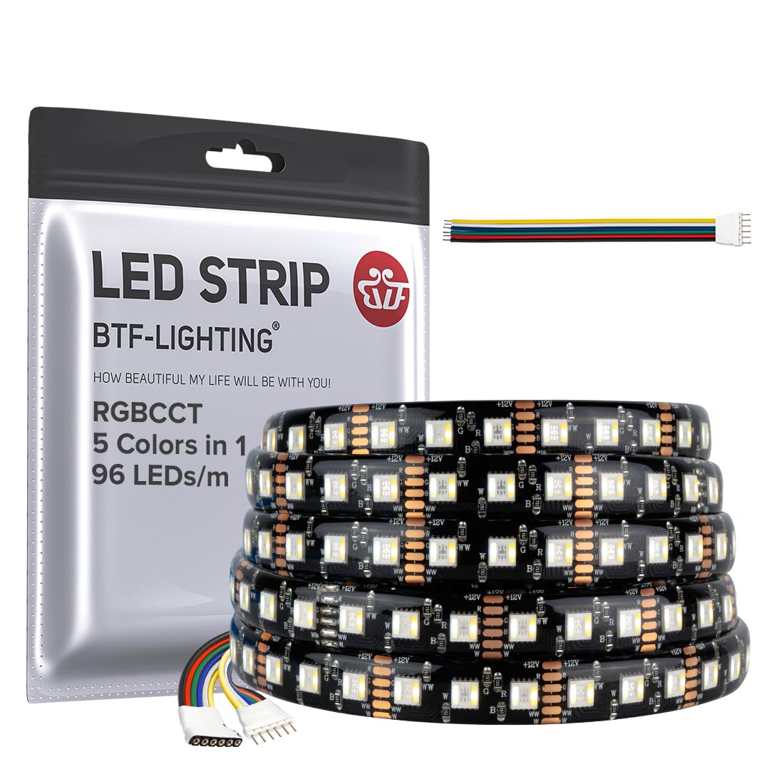 BTF-LIGHTING LED Tape Lights 5050SMD RGBCCT 16.4ft 480LED IP65 Black PCB DC12V