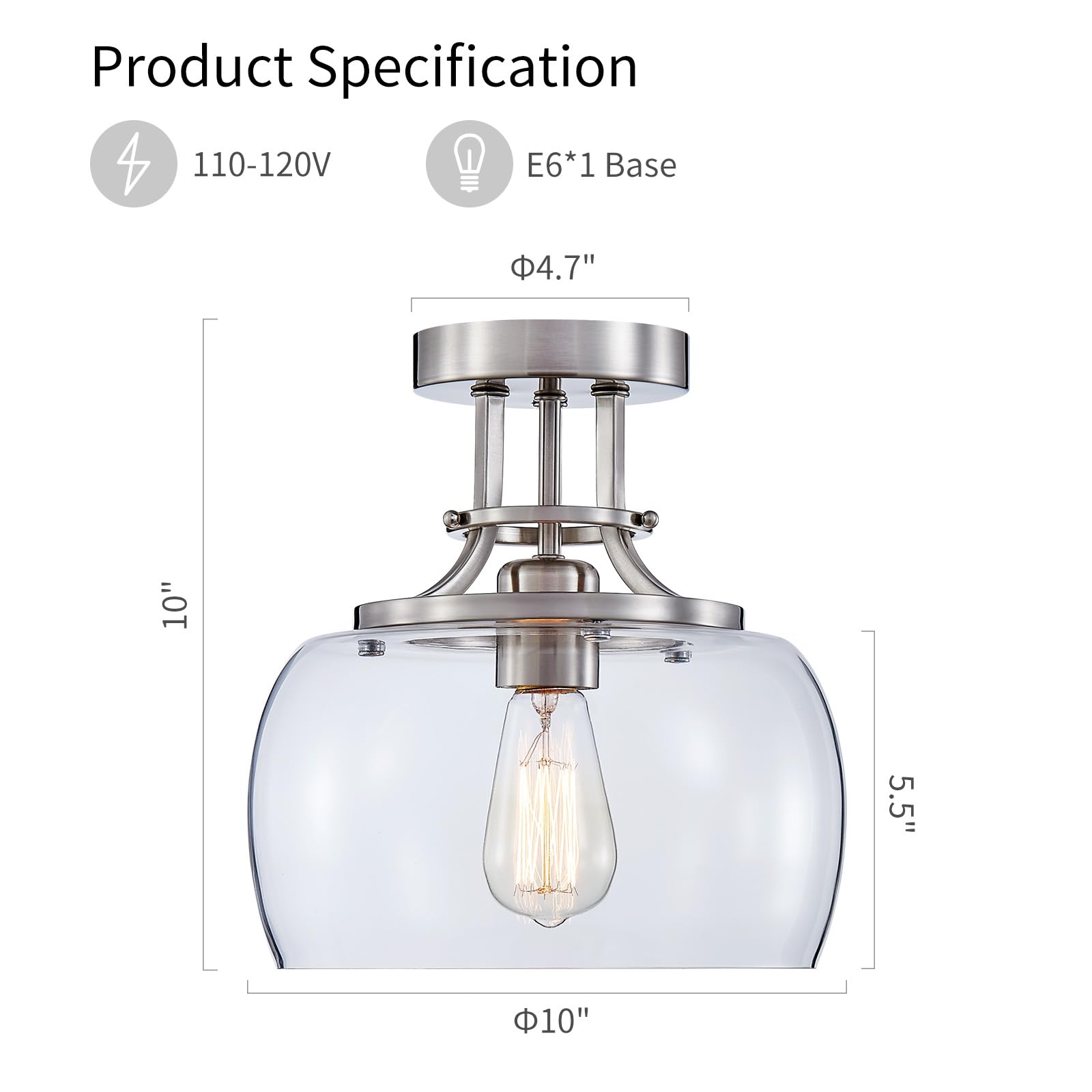 Wuzups Rustic Farmhouse Chandelier Led Light Fixture, Brushed Nickel, 10&quot; Round, Clear Glass Shades