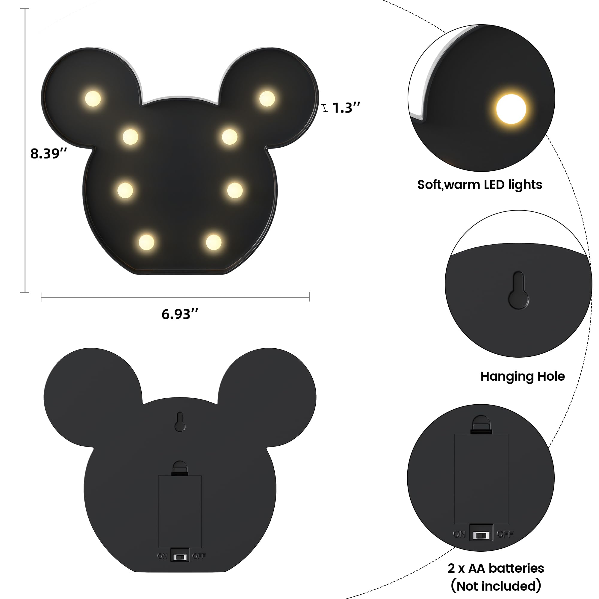 Ganrami Black Mouse Decor, Battery Powered Mouse Night Light For Kids, Mouse Birthday Decorations For Kids, Kids Room Decor For