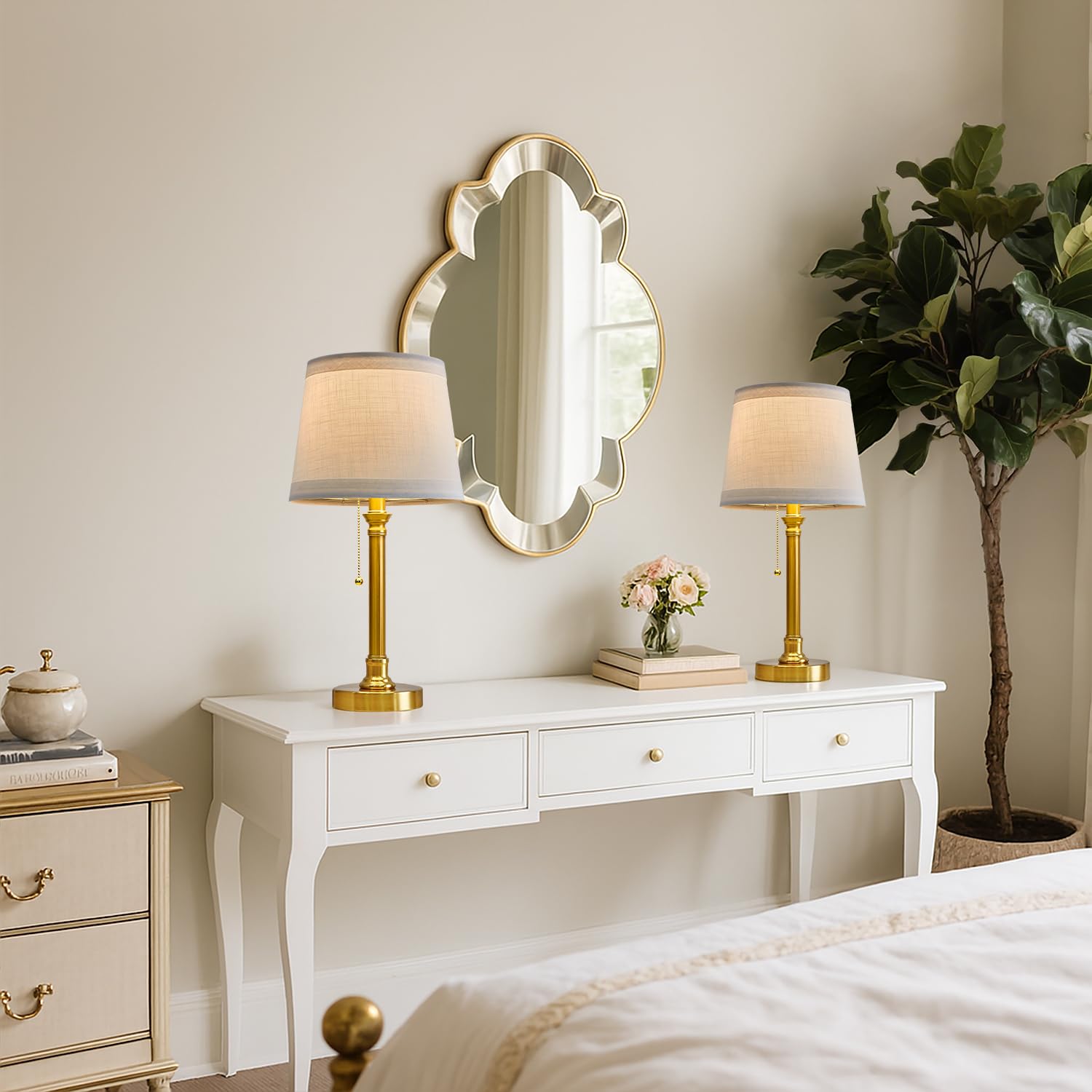 Oneach Table Lamps Set of 2, Modern 19.5in Brass Gold Metal, Pull Chain Switch, White Linen Shade, Model OYS-T0009GL-New