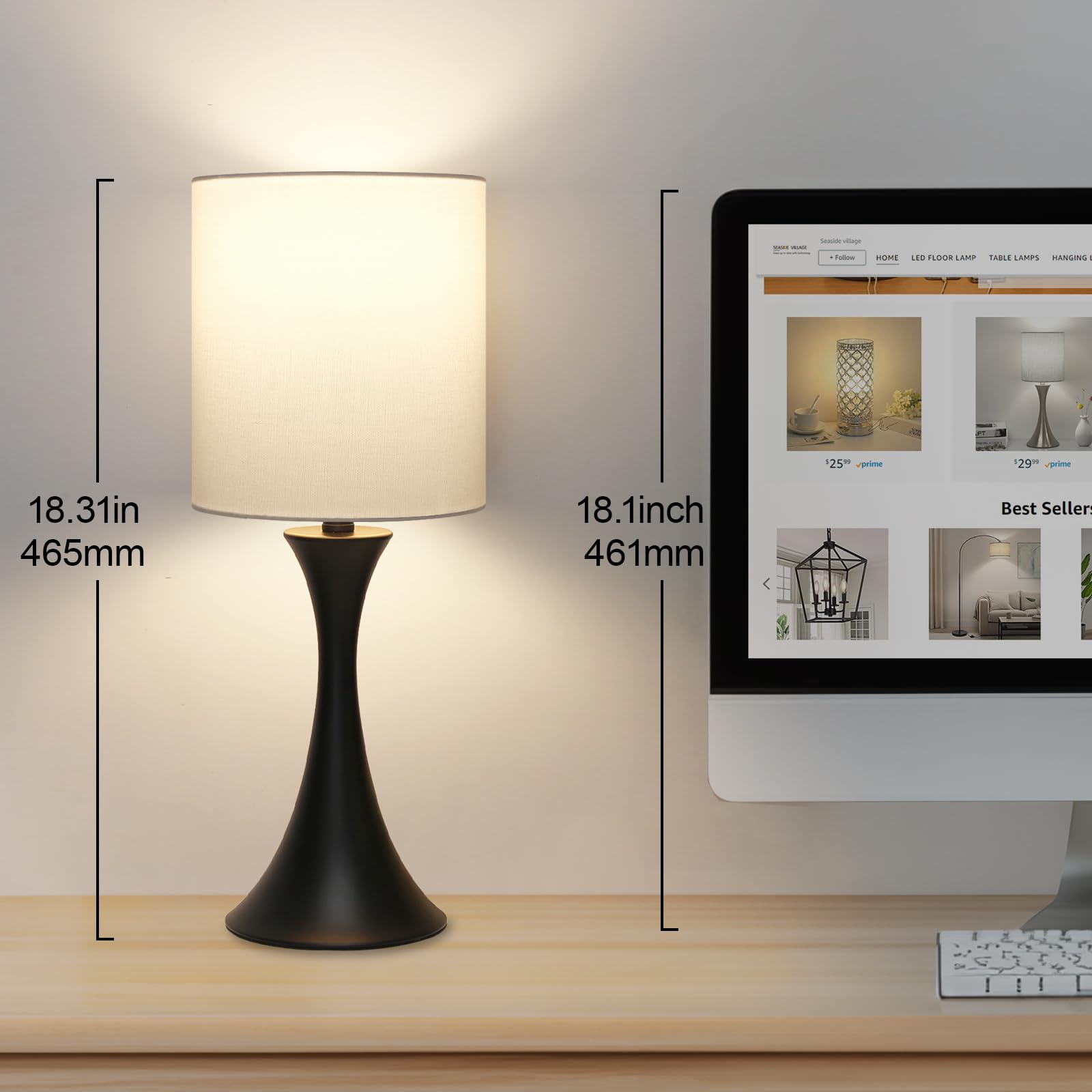 3 Way Touch Control Table Lamp, Modern Bedside Lamp For Bedroom, Dimmable Black Nightstand Lamp White Shade Desk Reading Light F