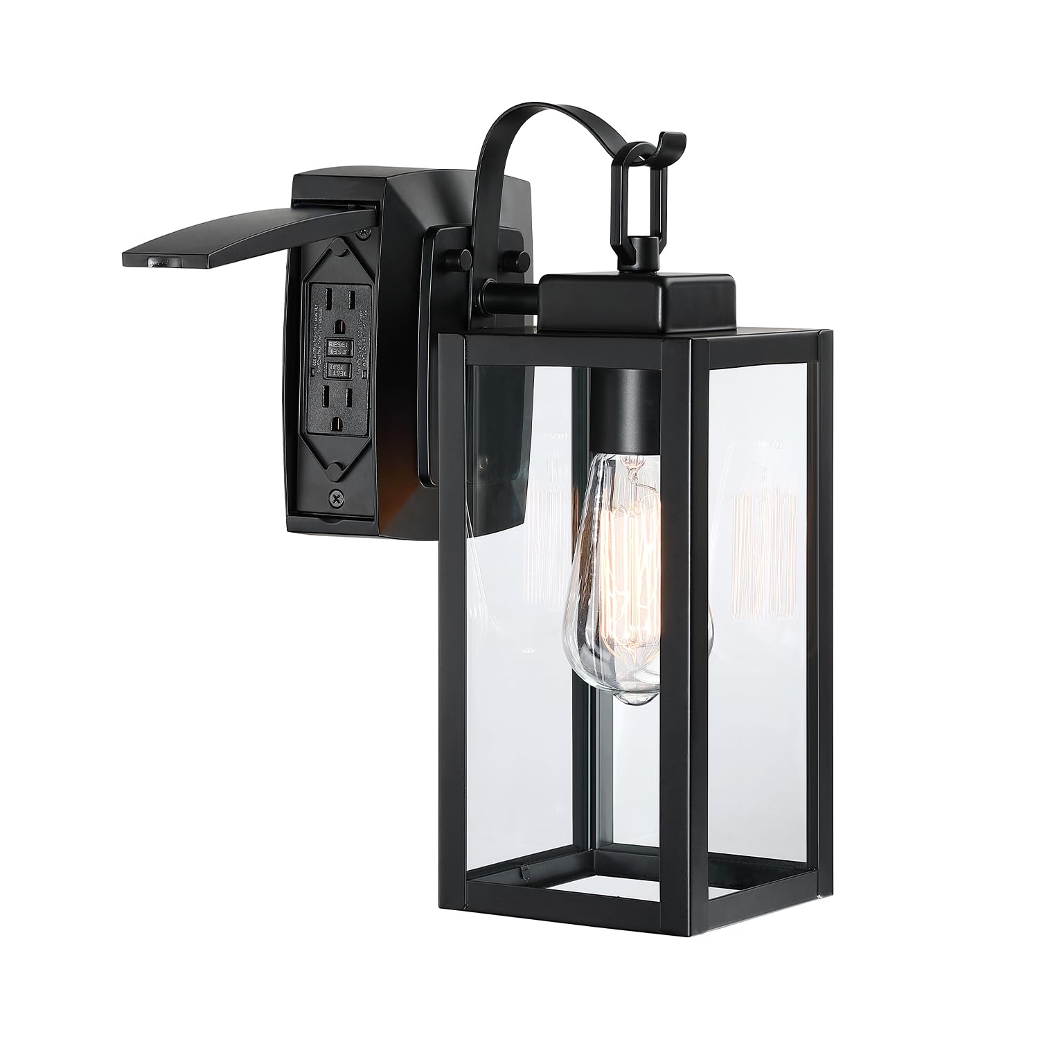 Pia Ricco Outdoor Porch Light, Matte Black Wall Lantern, GFCI Outlet, 14 Inch, Waterproof, ETL Listed, Model A-12151-GFCI