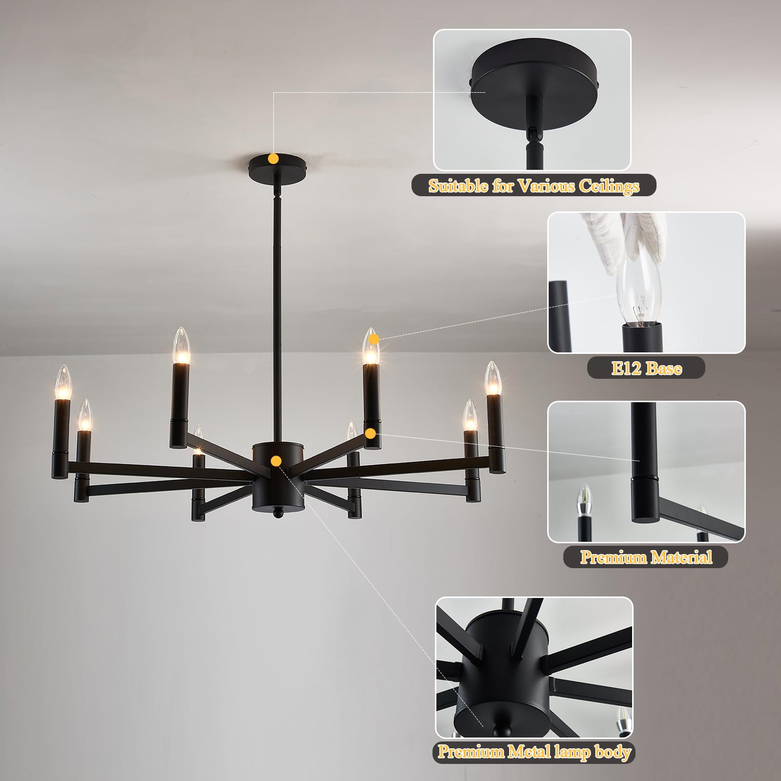 ASGYISA 8-Light Black Farmhouse Candle Chandelier, 35.2" Modern Ceiling Light Fixture for Dining Room, Living Room, Kitchen, Foyer