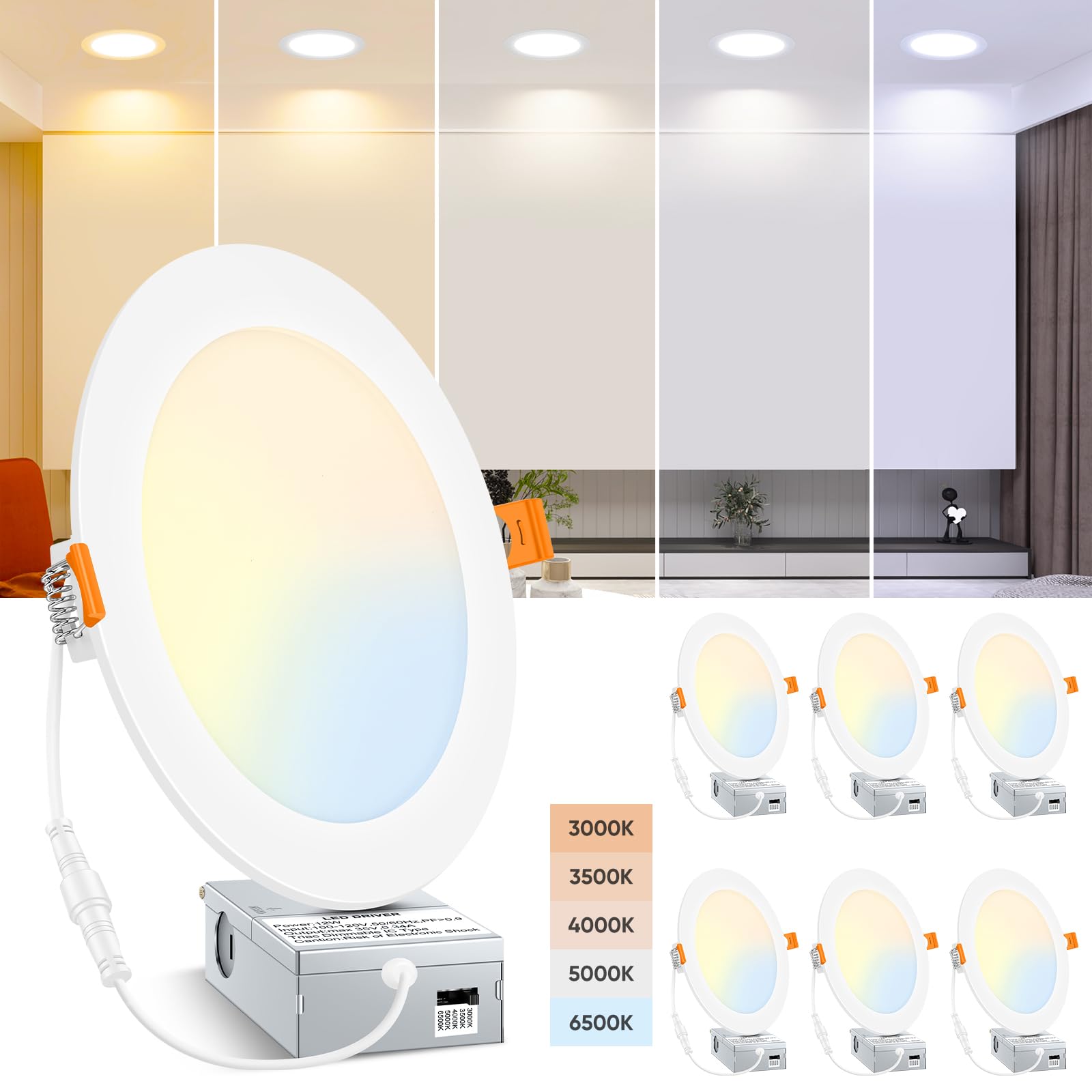 BesLowe 6 Packs 8 Inch 5CCT LED Recessed Ceiling Lights Ultra-Thin with Junction Box, 12W 150W Eqv, 3000K/3500K/4000K/5000K/6500