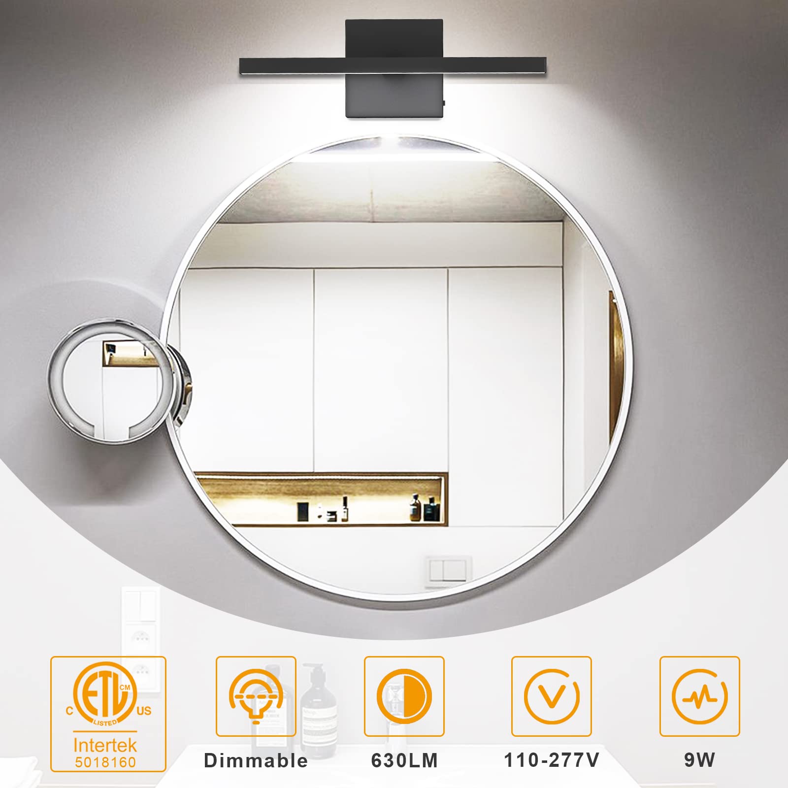 Niorsun 15.7 Inch Black Bathroom Vanity Light,12W 5Cct Dimmable Led Bathroom Lighting Fixtures Over Mirror, Modern Vanity Lights