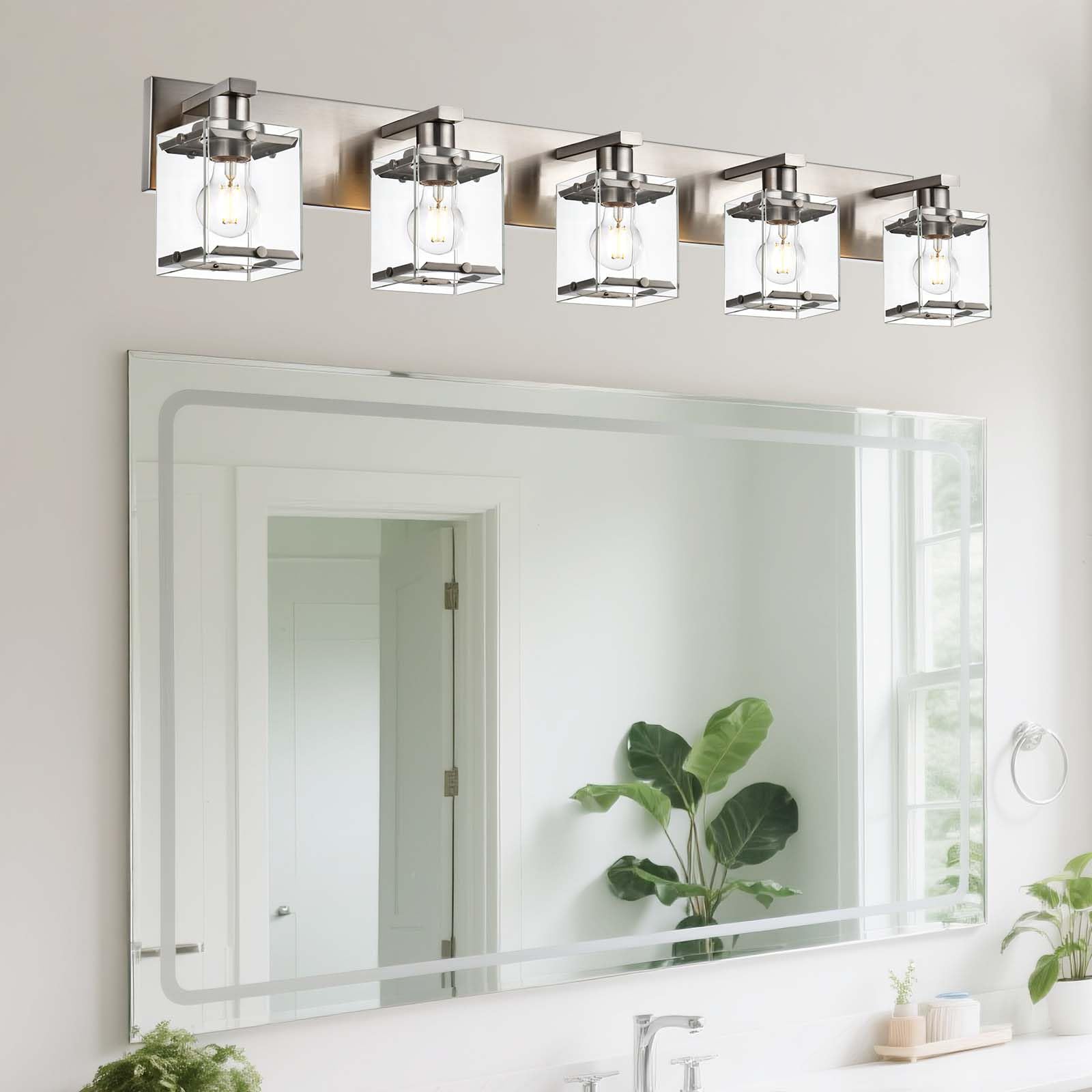 WINSHEN 5-Lights Brushed Nickel Bathroom Wall Light with Clear Glass Shade  E26 Bulb Base Vanity Lighting Fixtures Over Mirror for Kitchen Cabinet Bedroom