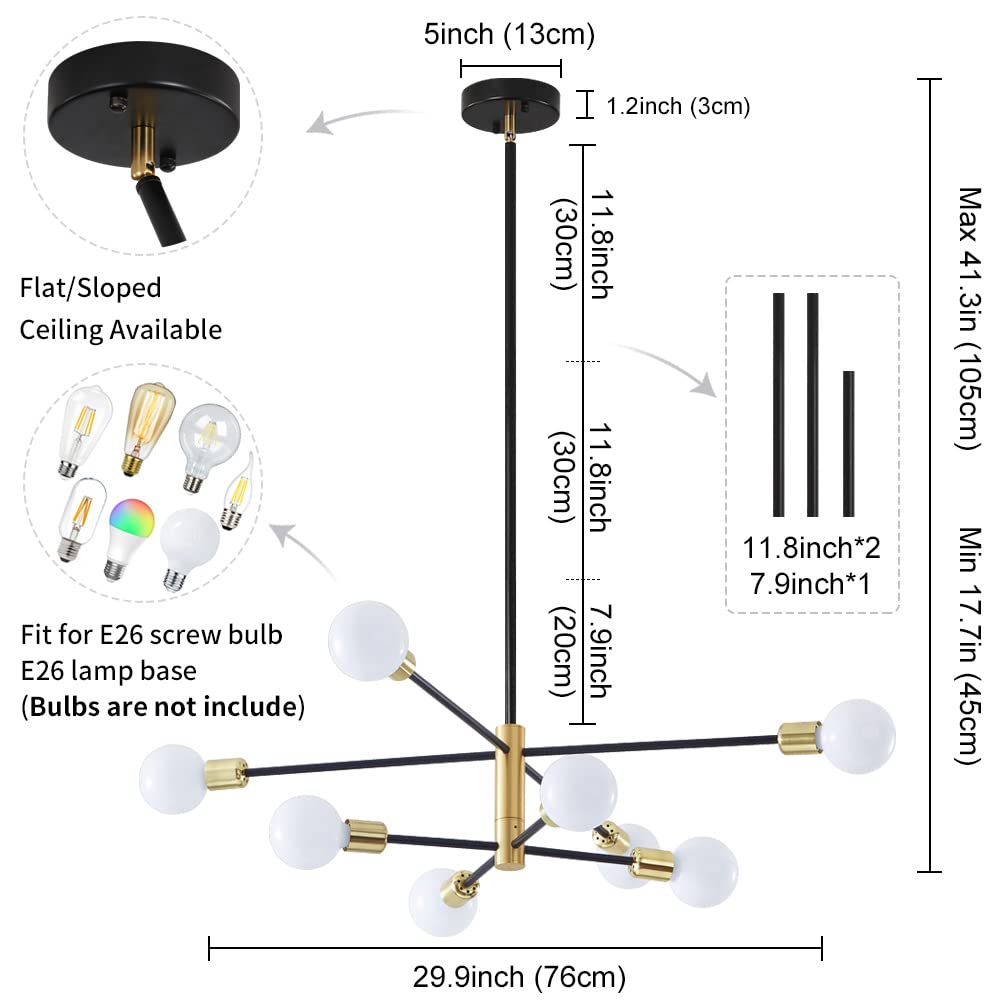 Deyidn 8-Light Sputnik Chandelier, Black Gold Metal Pendant Lighting For Modern Living Spaces