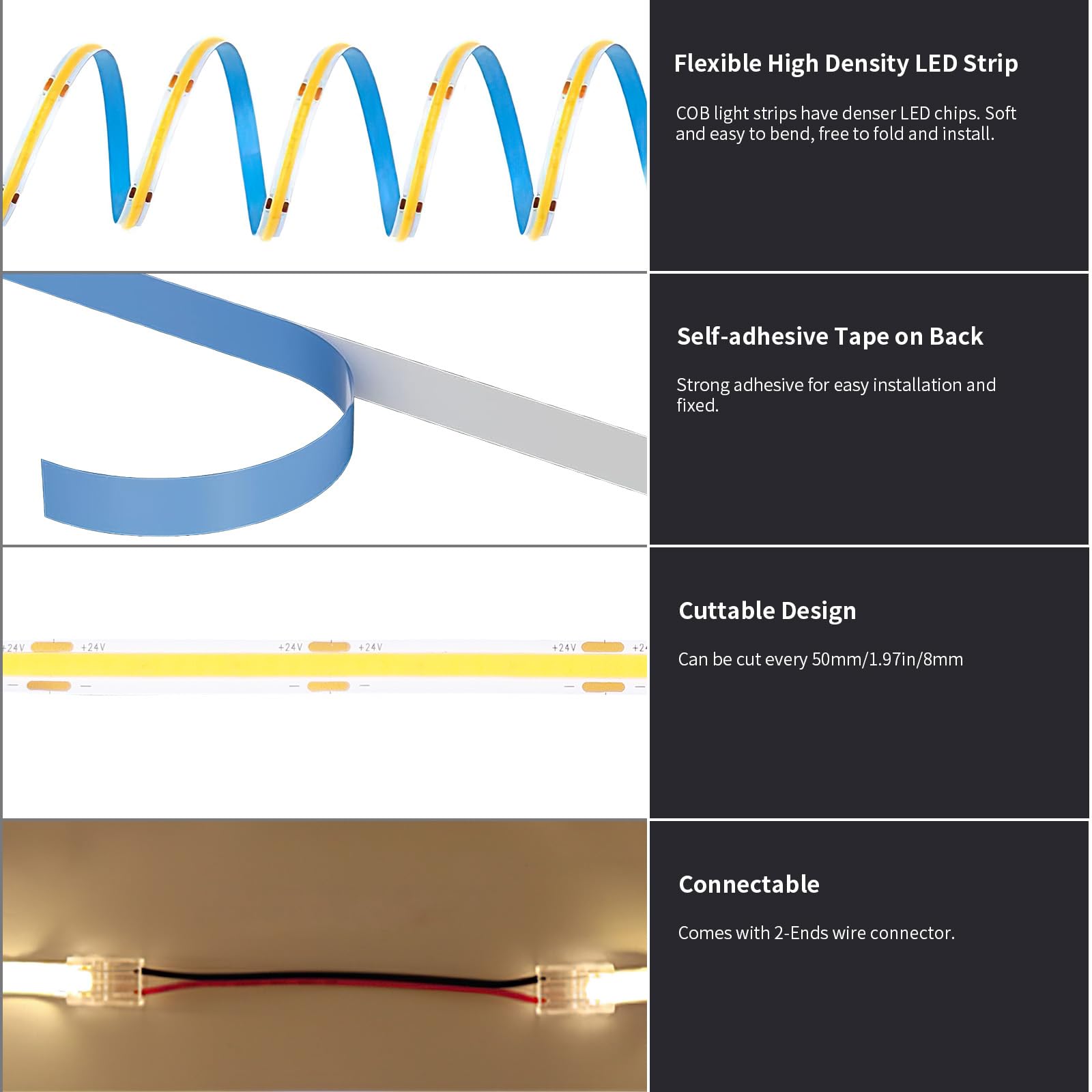 BUNACET COB LED Strip Light 40ft Warm White 3000K High Lumen CRI 90+ with RF Remote and UL Listed Power Adapter