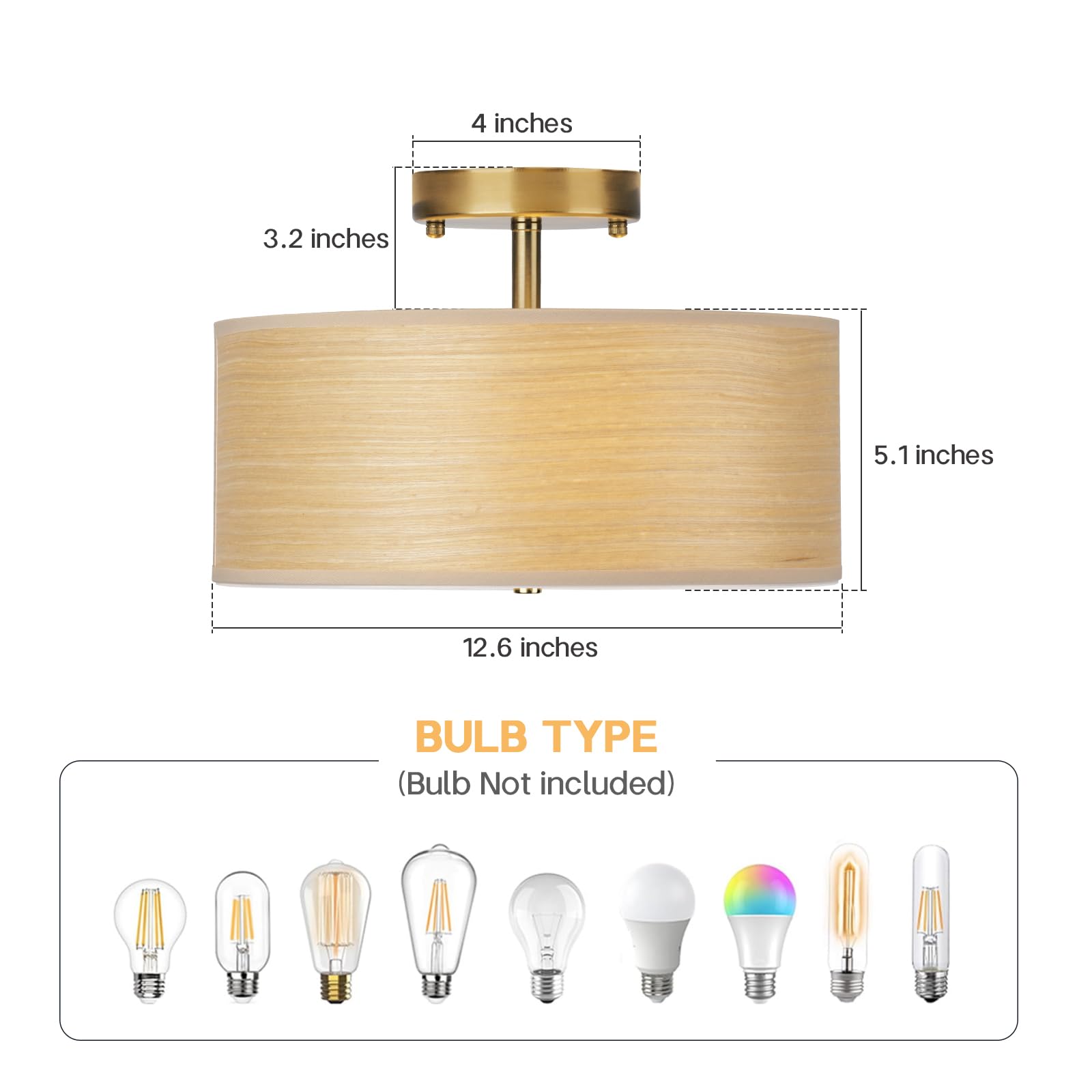 Calokes Gold Drum Ceiling Light Fixture, 13'' Semi Flush Mount With Natural Wood Shade, Modern Farmhouse Close To Ceiling Lamp F