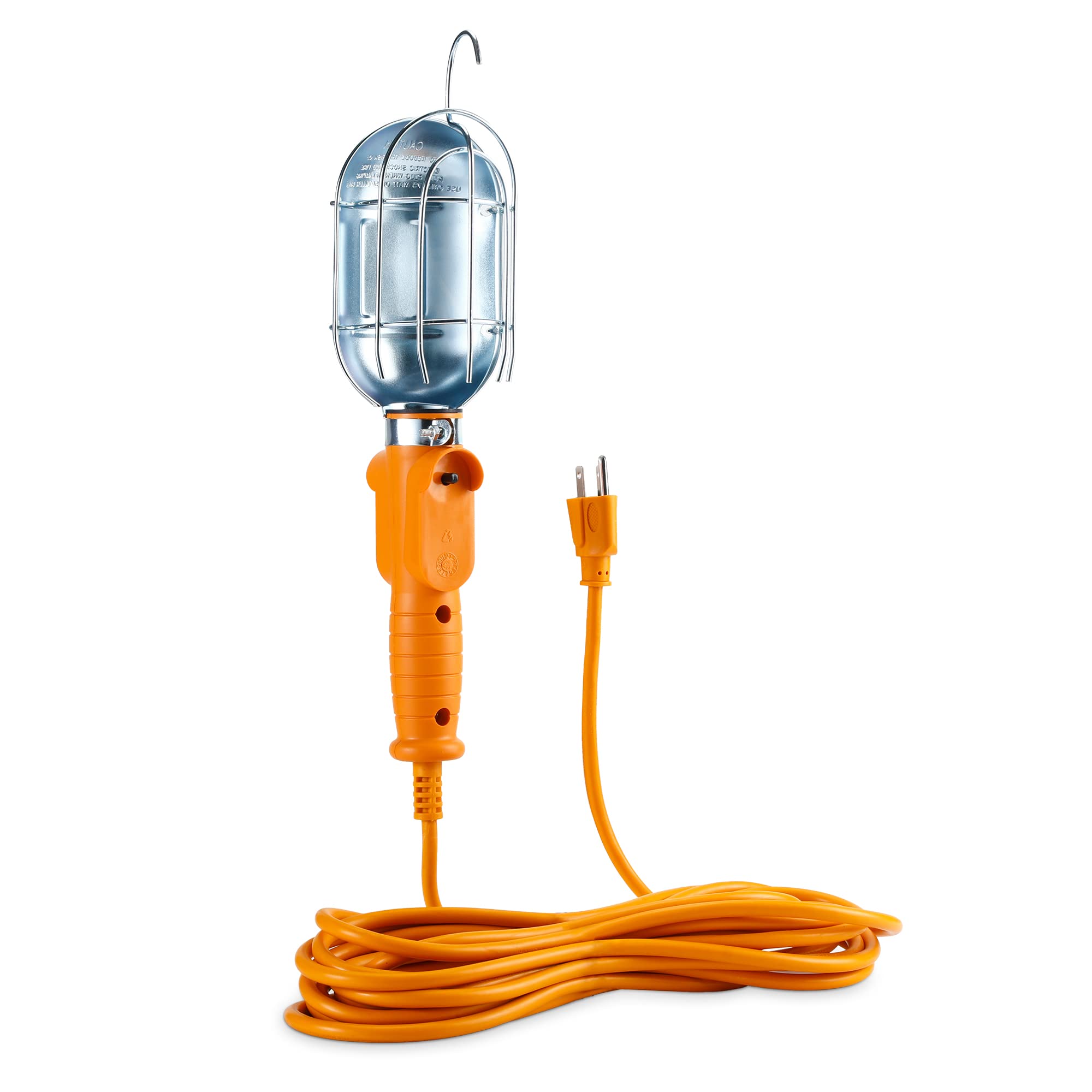 [Ul Listed] Cable Matters 25Ft 75W Trouble Light With Cord, 16 Awg Old School Drop Light/Incandescent Work Light With Built-In Outlet And Metal Guard In Orange For Indoor And Outdoor Use
