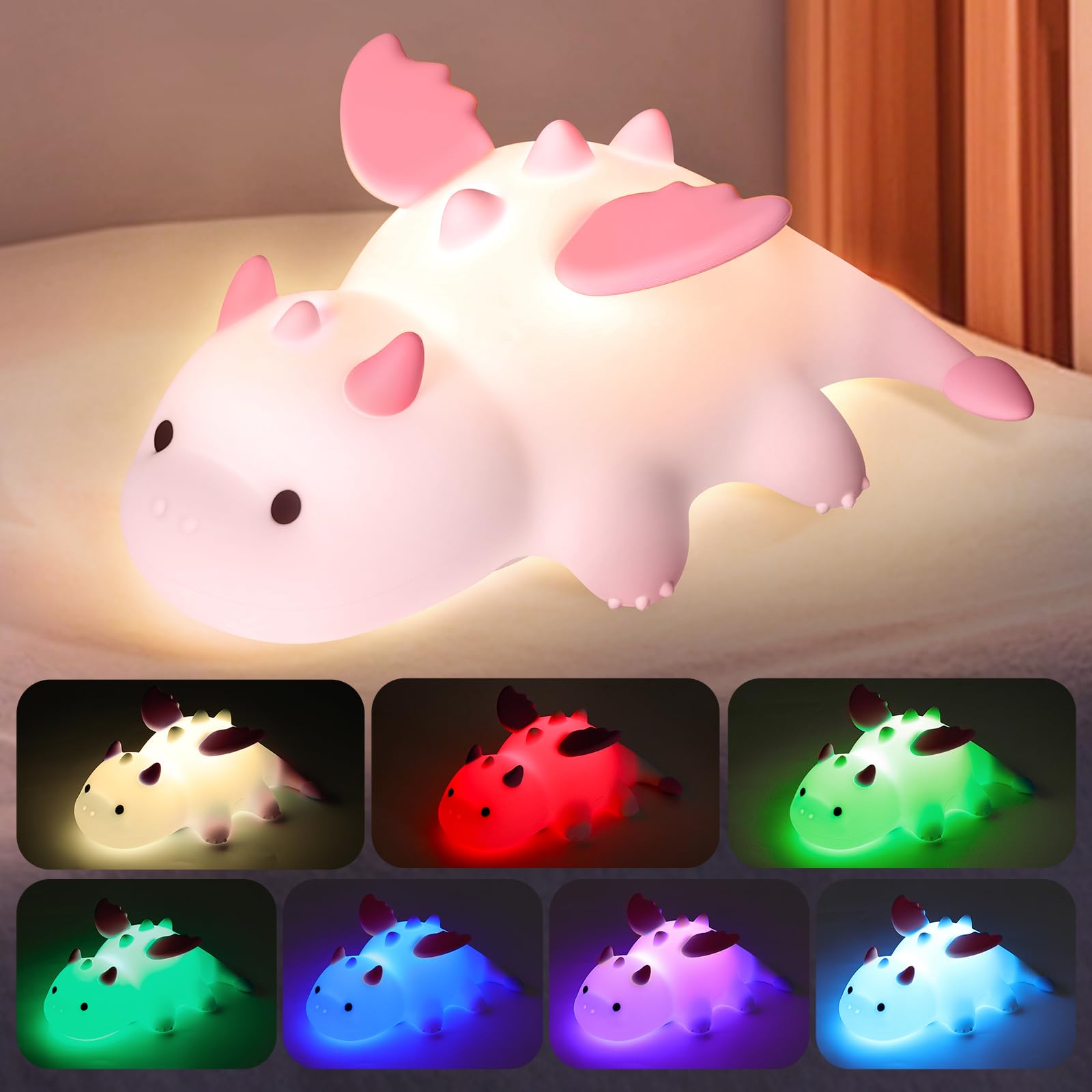 Gusweet Cute Dragon Night Light 7 Colors Changing And Dimmable Nursery Nightlight For Kids Rechargeable Silicone Bedside Lamp With Timer Gift For Boys And Girls