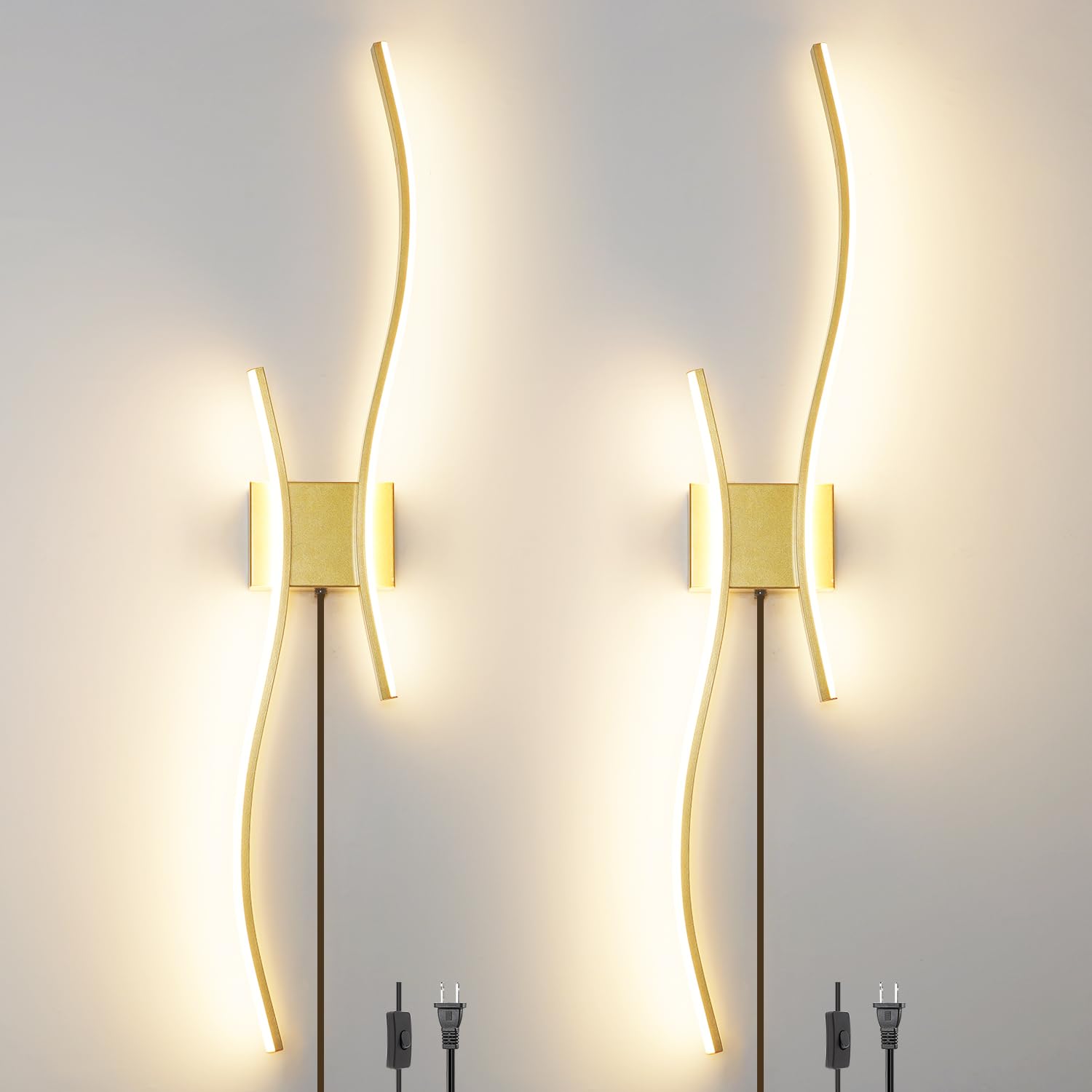 Daunton Modern Gold Plug in Wall Sconces Set of 2 - Smart Dimmable LED Wall Lights with Remote  3CCT Adjustable & Memory Function  Timer Setting - No Wiring Needed for Living Room  Bedroom  Hallway