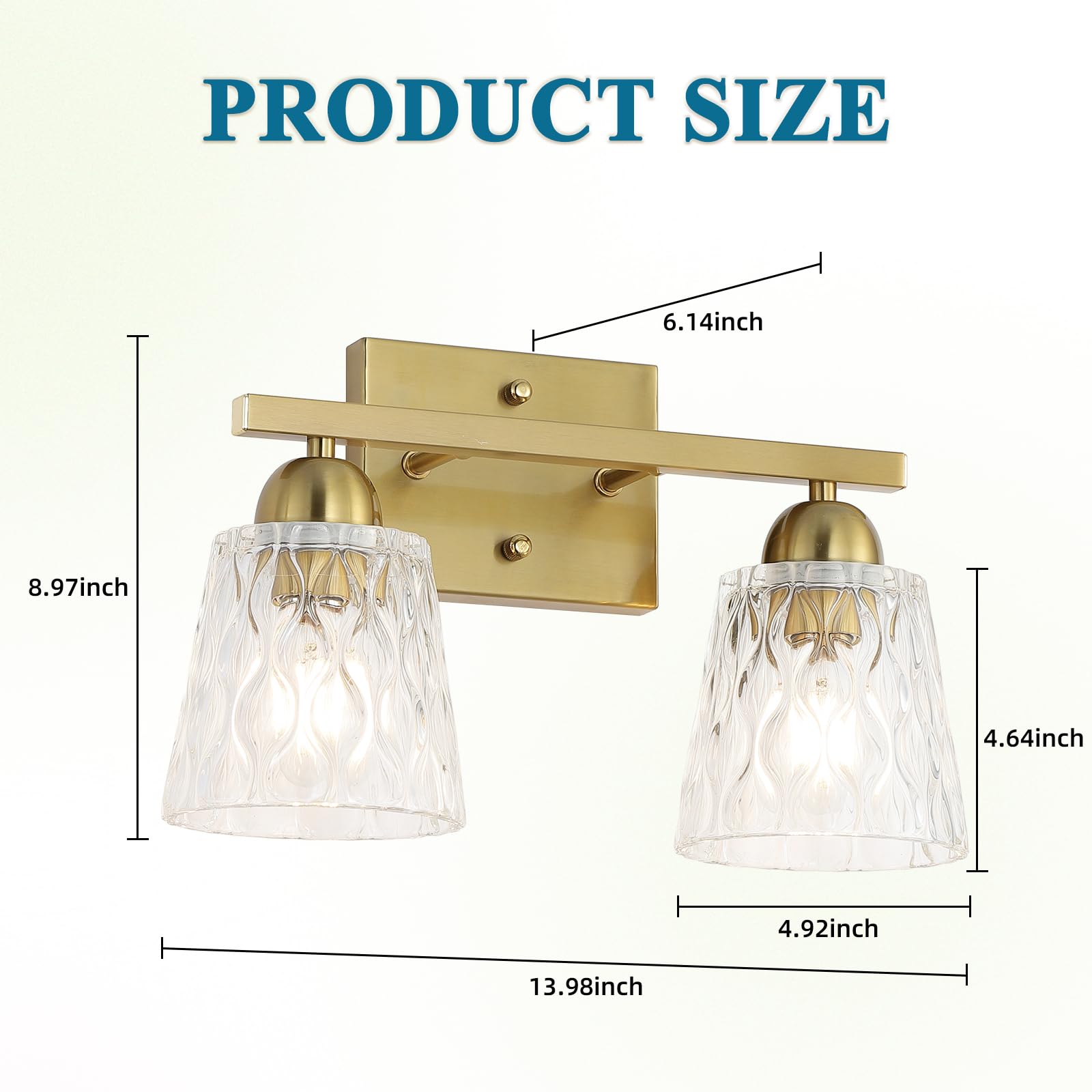 Mecgirn 2 Light Bathroom Vanity Light, Brushed Gold Stainless Steel Fixtures with Textured Glass Shades, Model B0006-2-Gold
