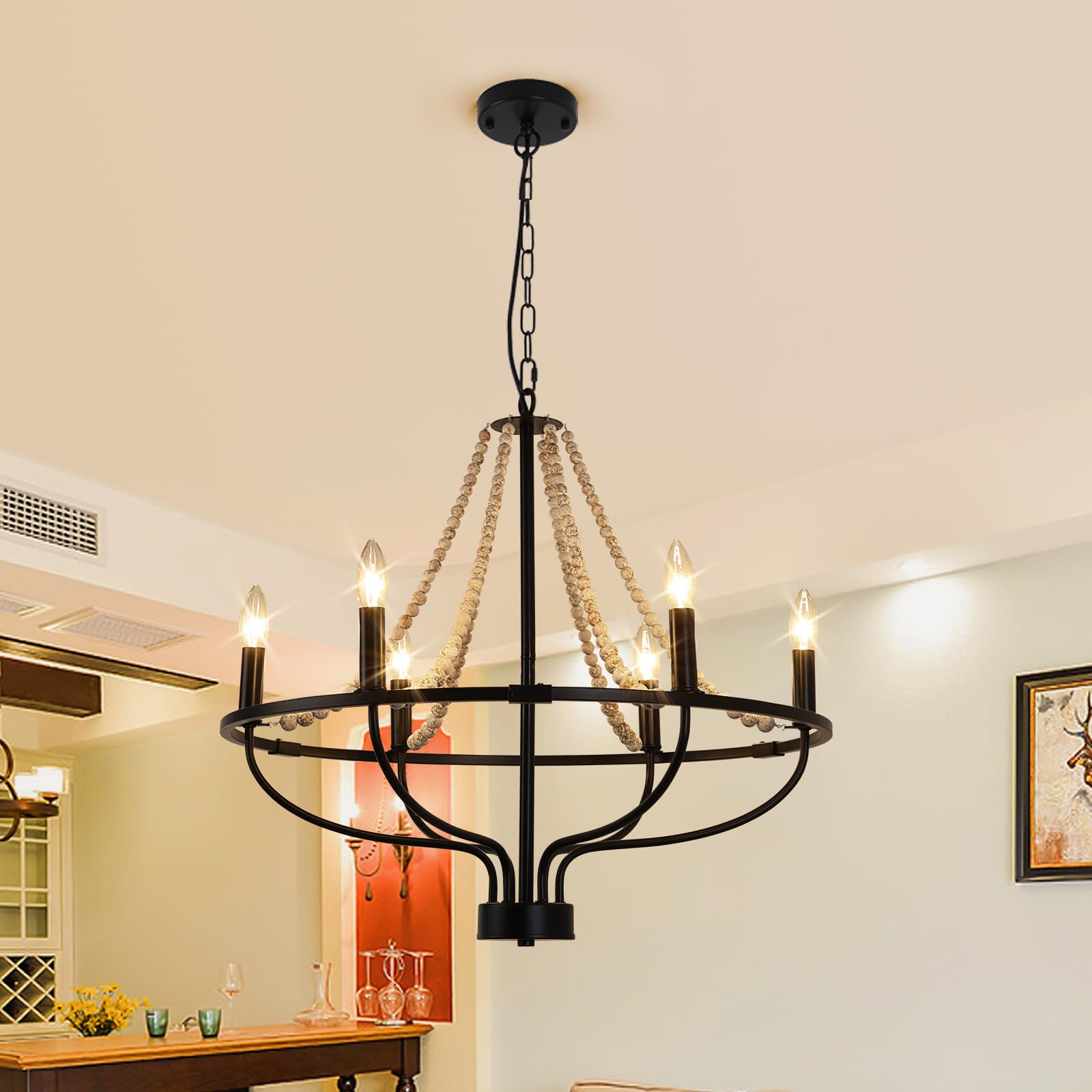 Ganeed Black Wagon Wheel Chandelier, 6-Light Vintage Chandeliers With Wood Beaded, Round Farmhouse Adjustable Height Hanging Pen