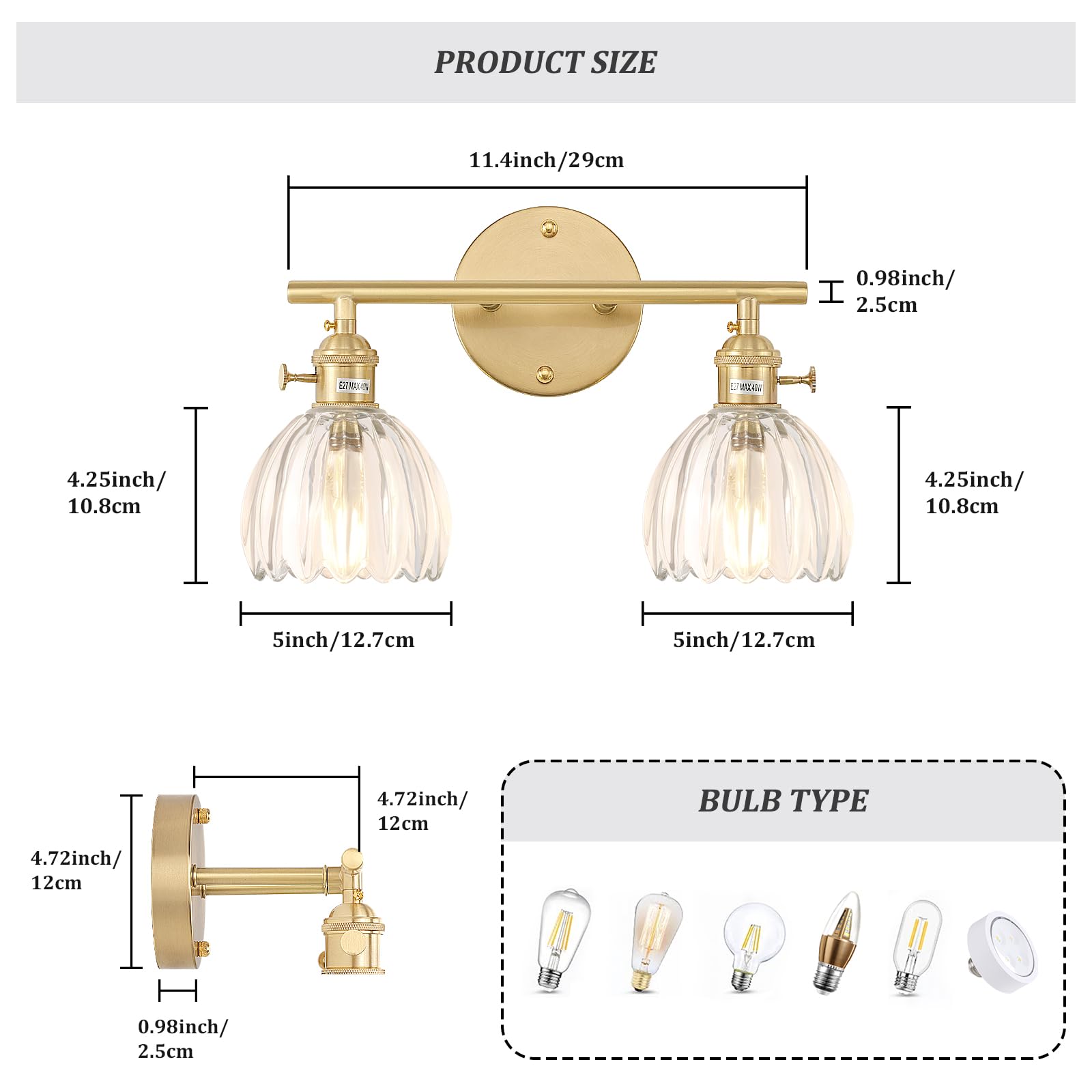 Shenmoyl 2-Light Bathroom Vanity Wall Light, Brass with Clear Tulip Glass Shade, Hardwired, Model 1-9325