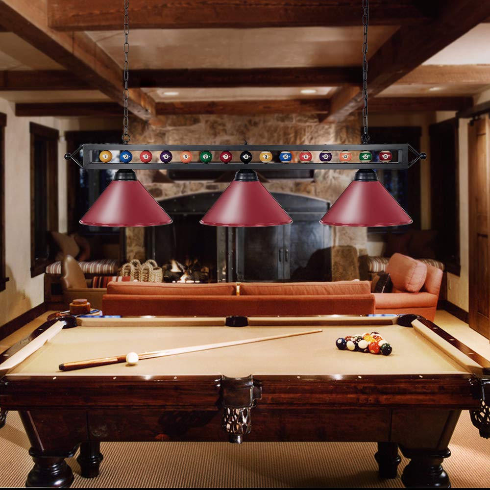 Wellmet Billiard Pool Table Light, 3 Lights, 59in Metal Fixture, Red, Model CHL-002-light-Red 02