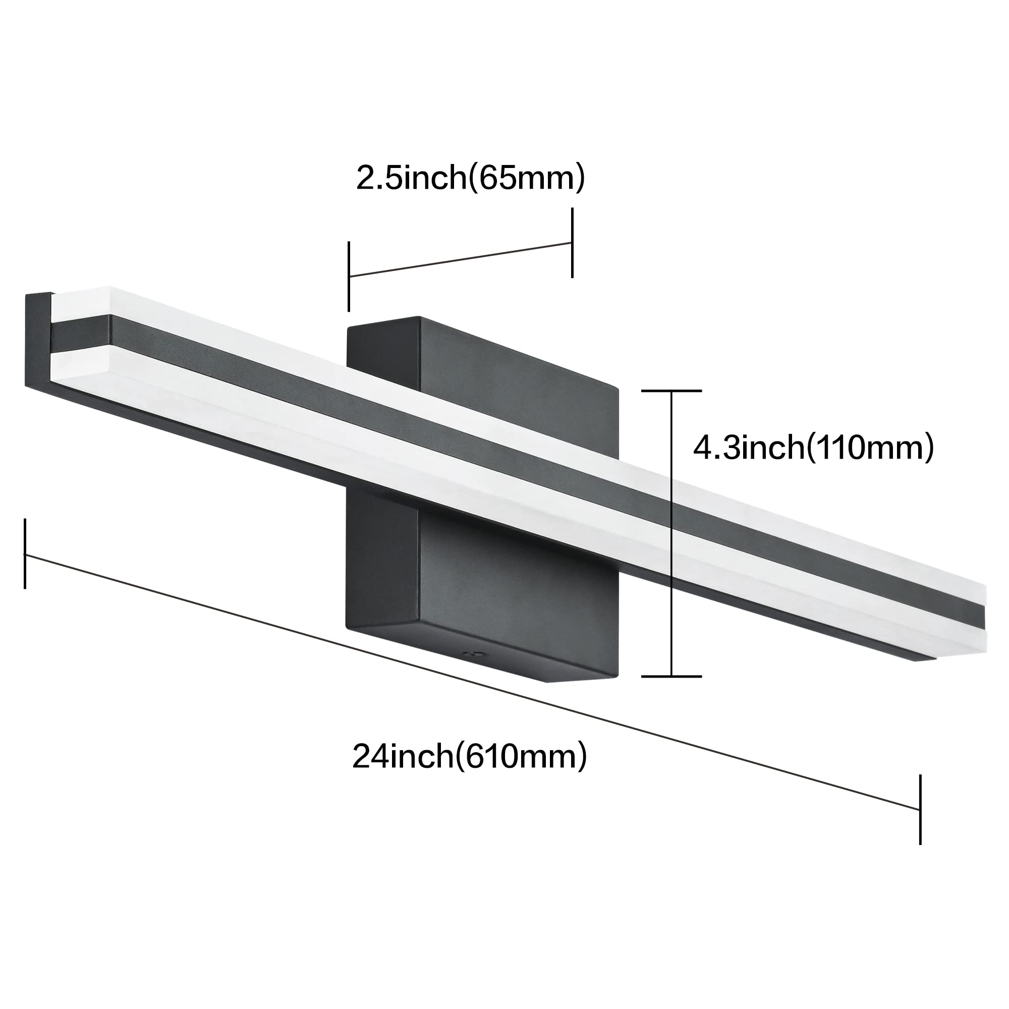 Solfart 24 Inch Modern Dimmable Black Vanity Light, 5 Color Temp, Aluminum, Model S8200-610Mm-Bk-5Cct, 500 Lumen, Wall