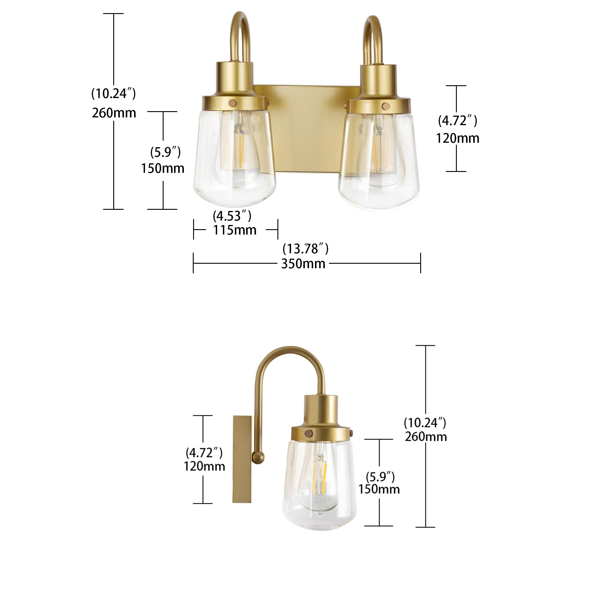 Yaohong Industrial Wall Sconce 3-Lights Modern Vanity/Bathroom Lamp In Painted Gold With Clear Glass Shades Wall Mount Light Fixtures For Hallway Kitchen Living Room