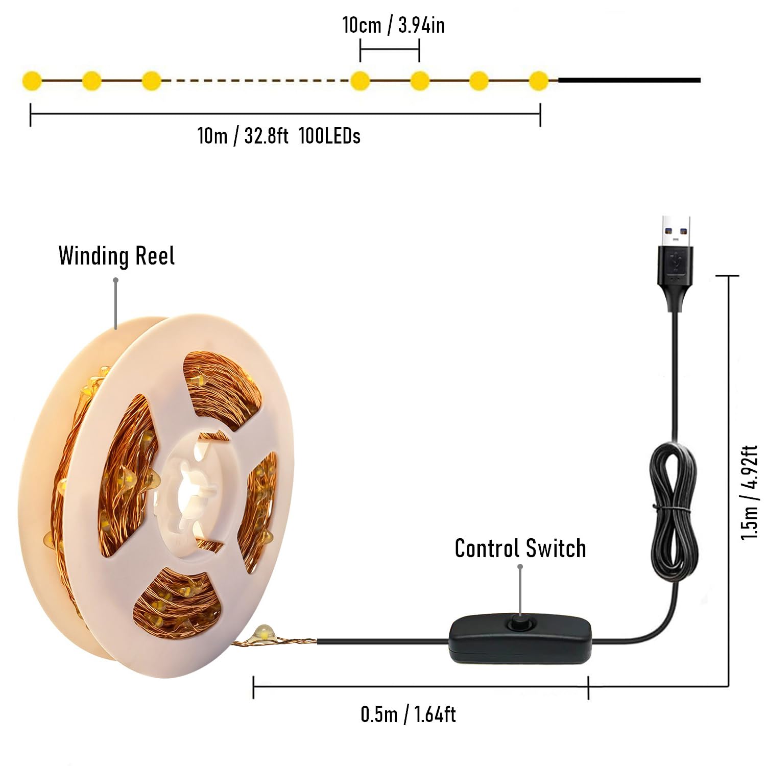 Ruichen 33Ft 100 Led Warm White Copper Wire Fairy String Lights With On/Off Switch