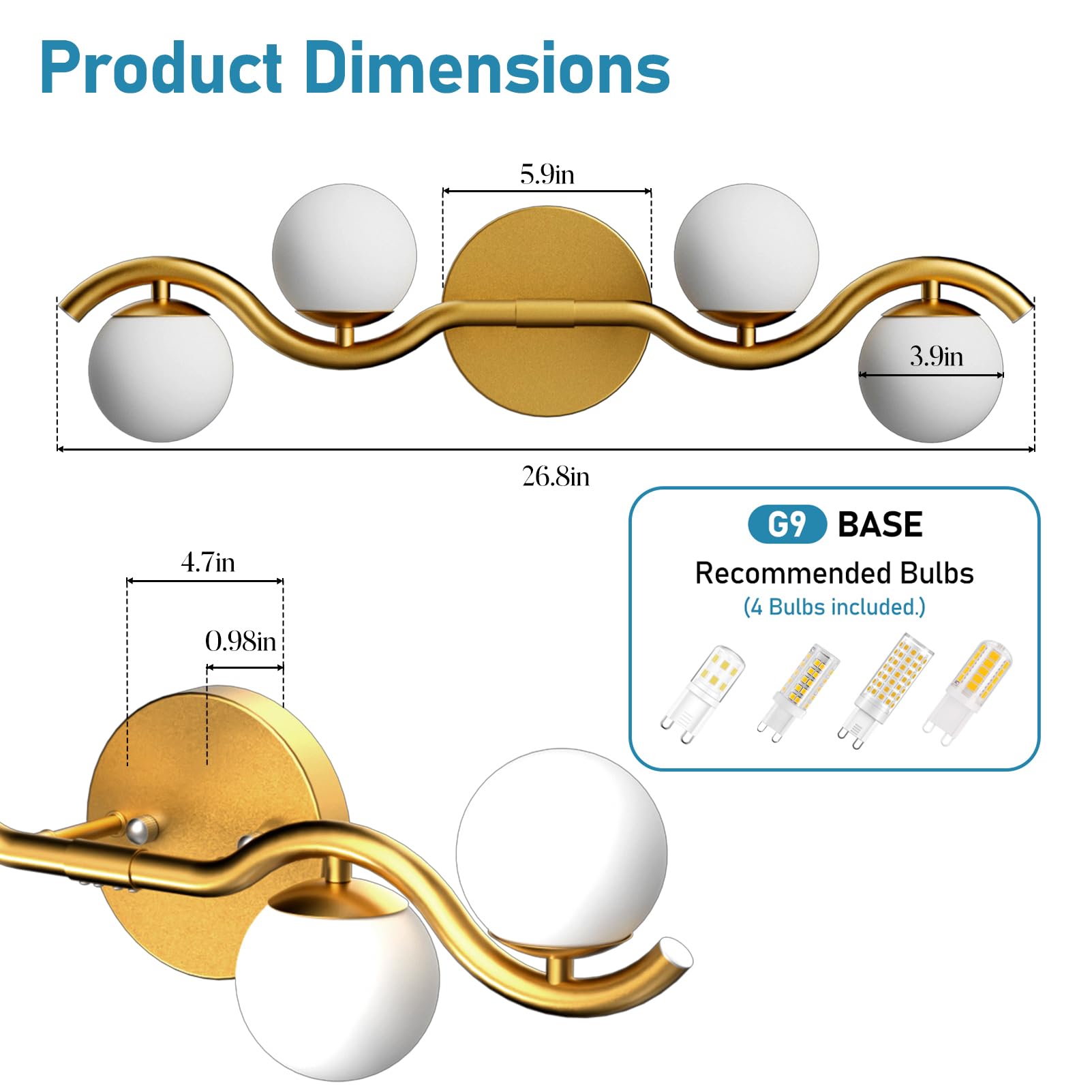 Lightdot 27in Gold Bathroom Vanity Light | 4-Light S-Frame Design | Shatterproof Shades | G9 Socket & Bulbs Included