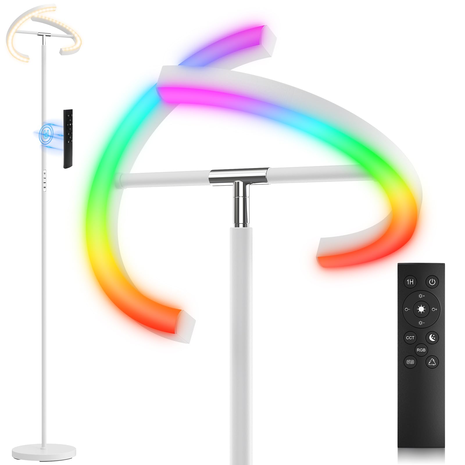 SIBRILLE White RGBCW Floor Lamp, Bright Color Changing RGB Standing Lamp, Modern Stepless Dimmable LED Tall Lamp with Remote Con