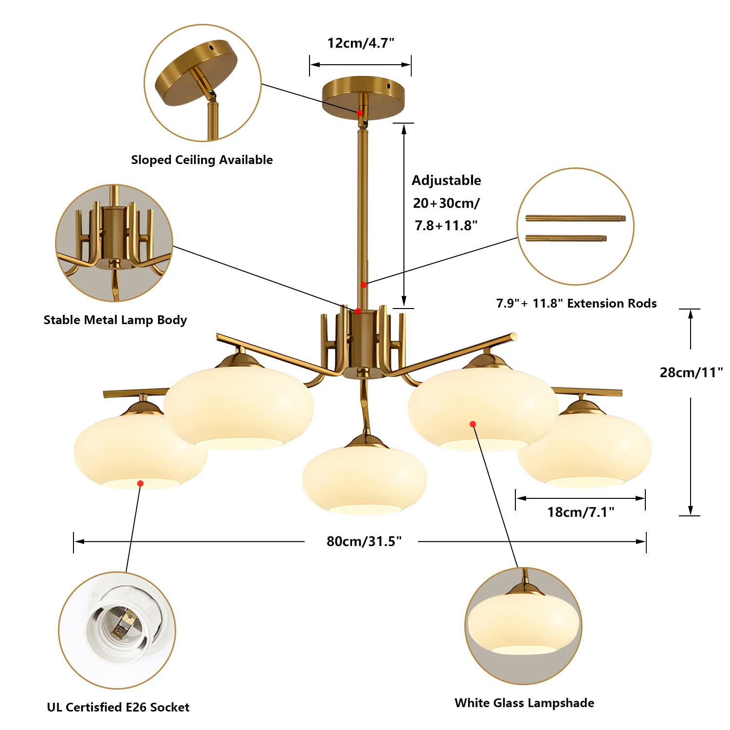 KCO 5-Light Globe Flush Mount Chandelier, Modern Brass Gold & Milk Glass, Model L1127-5-Head, Ideal for Kitchen Island & Dining Room