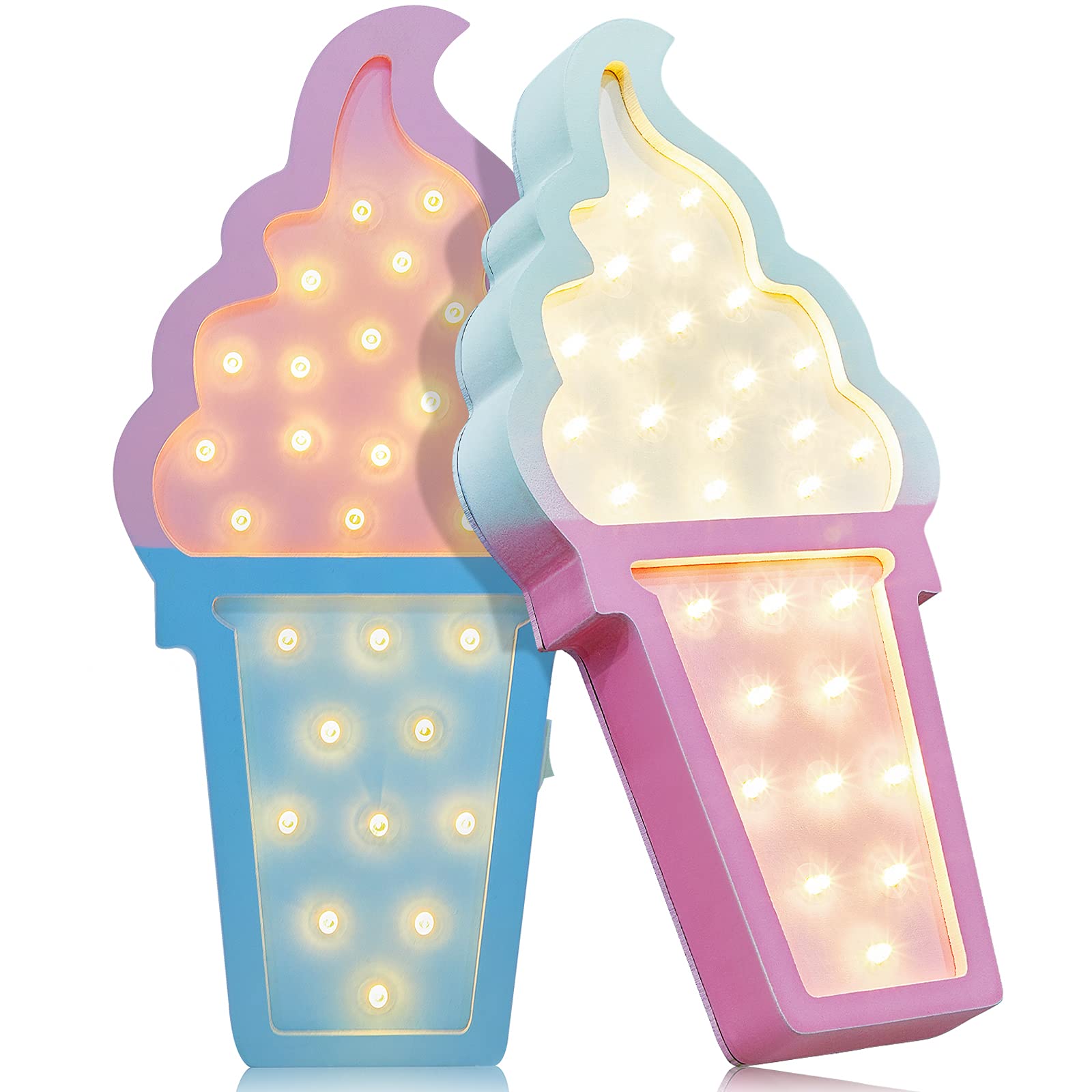 Mudder 2 Pcs Ice Cream Valentine Romance Atmosphere Light Wooden LED Night Light Ice Cream Theme Valentine Romance Lamps Battery